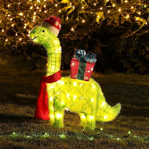 Miniatura 5 de WATERGLIDE Dinosaurio verde de Navidad iluminado con decoraciones de caja de regalo, 27 pulgadas preiluminado, brachiosaurio 3D para decoración de