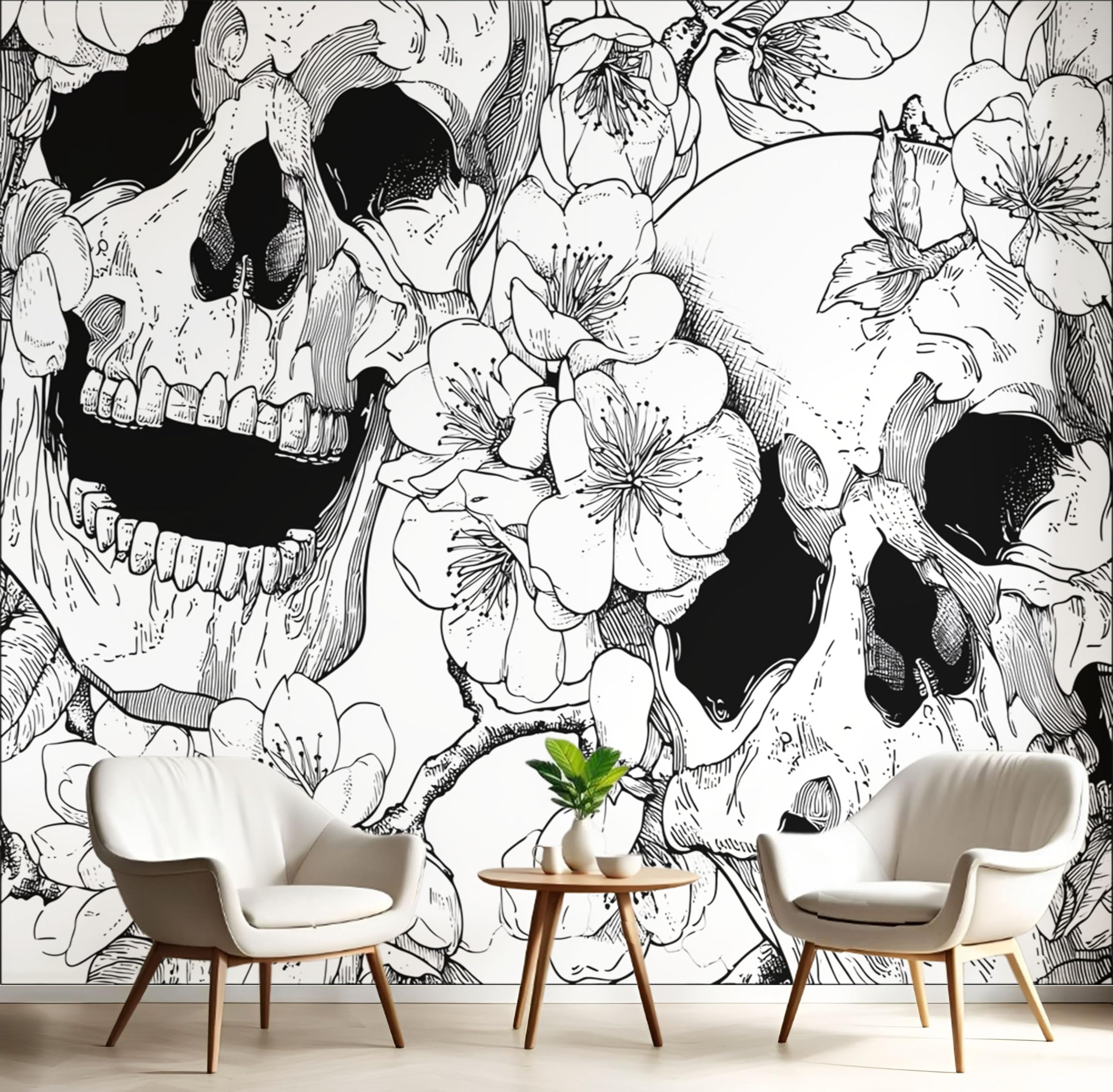 Papier peint noir et blanc motif dessin fait main style gothique chic pour grand mur