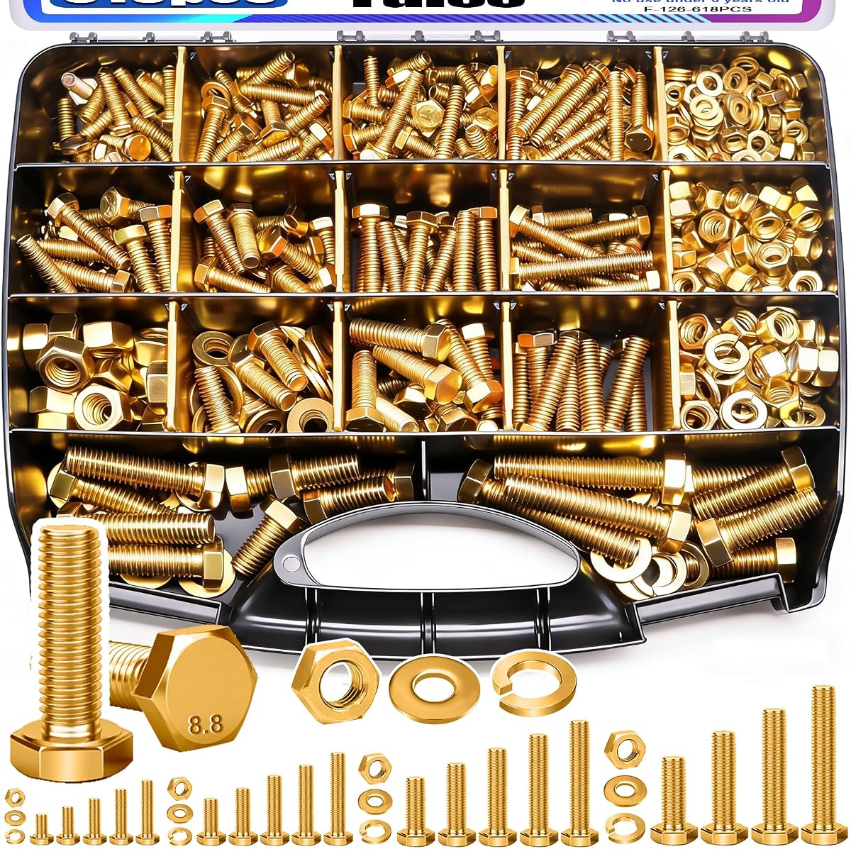 Taiss Grade 8.8 Bolts and Nuts Assortment Kit,1/4-20,5/16-18,3/8-16,1/2-13 Heavy Duty SAE Hex Bolts and Nuts & Flat/Lock Washer Kit,Carbon Steel Zinc Plated,with Handheld Box 618PCS