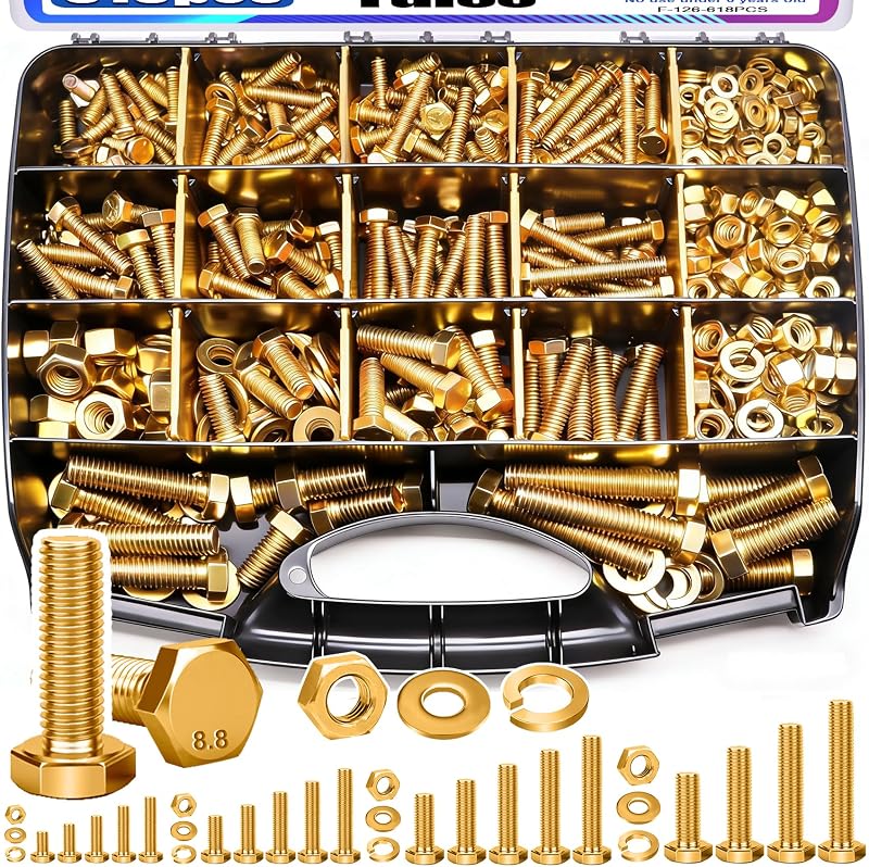 Taiss Grade 8.8 Bolts and Nuts Assortment Kit,1/4-20,5/16-18,3/8-16,1/2-13 Heavy Duty SAE Hex Bolts and Nuts & Flat/Lock Washer Kit,Carbon Steel Zinc Plated,with Handheld Box 618PCS