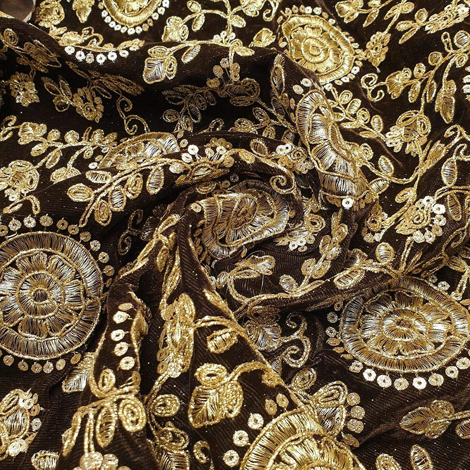 TEXTILE STATION Novelty Micro 3 Crown Velvet Glitter Metallic Embroidery Dress Craft Fabric 44" (Brown)