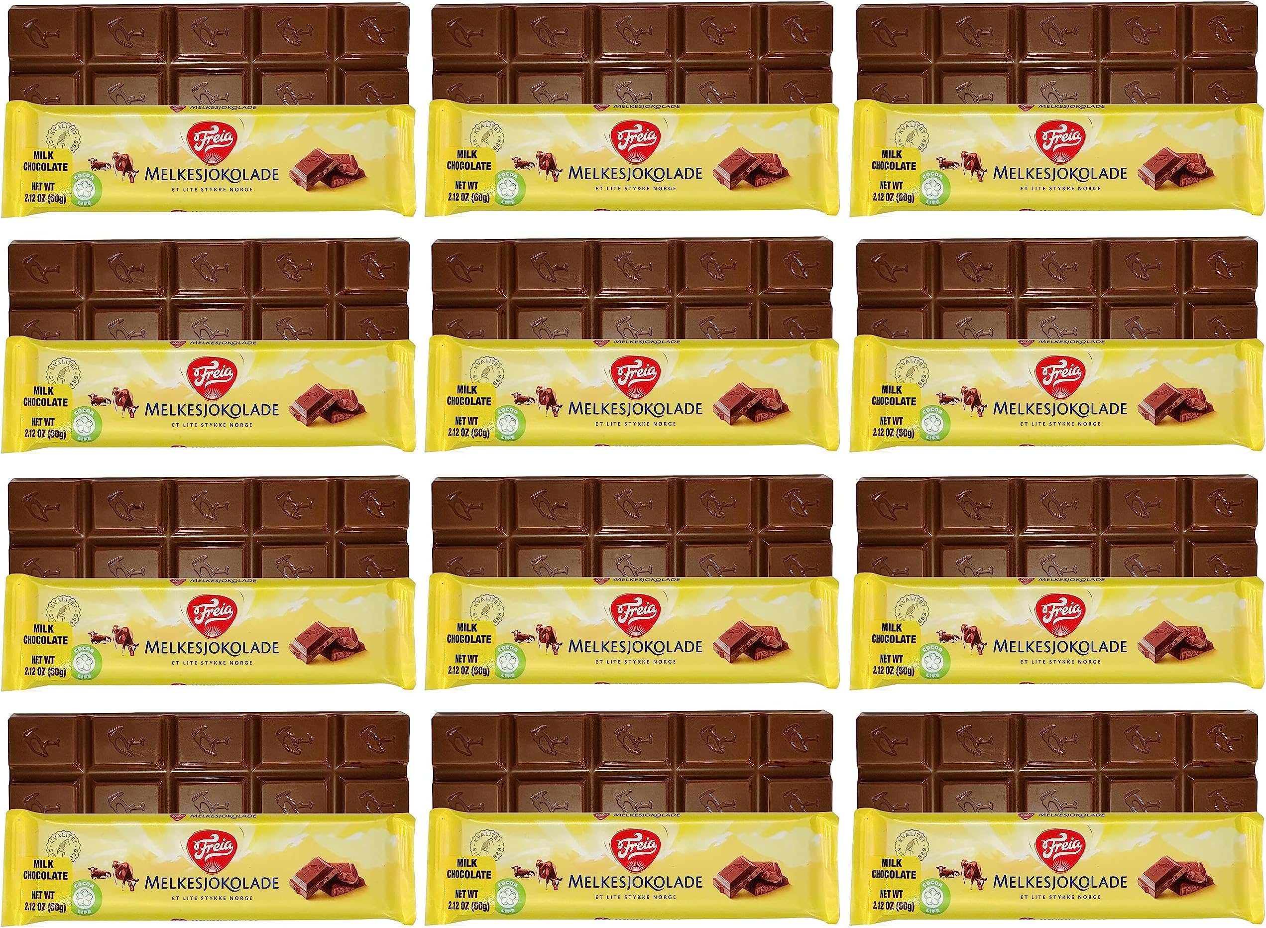 Freia Norwegian Milk Chocolate Bars, 12-Pack, 60g, Individually Wrapped, Rich, Decadent, Smooth Melt-in-Your-Mouth