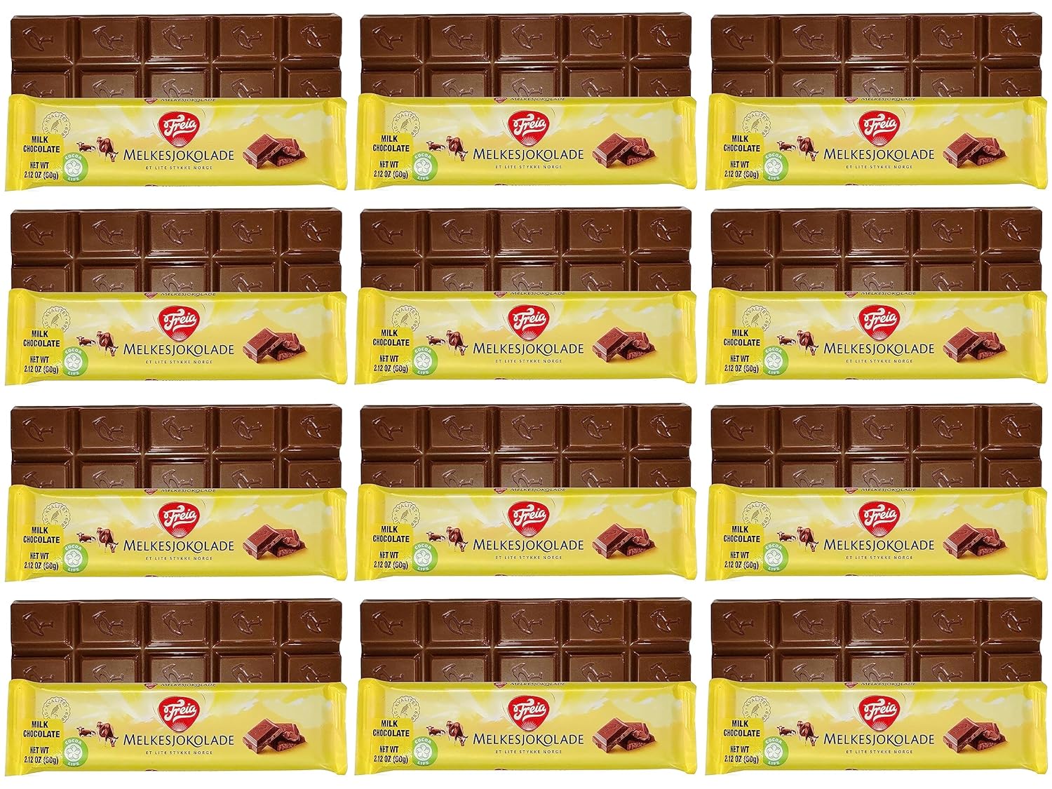 Freia Norwegian Milk Chocolate Bars, 12-Pack, 60g, Individually Wrapped, Rich, Decadent, Smooth Melt-in-Your-Mouth