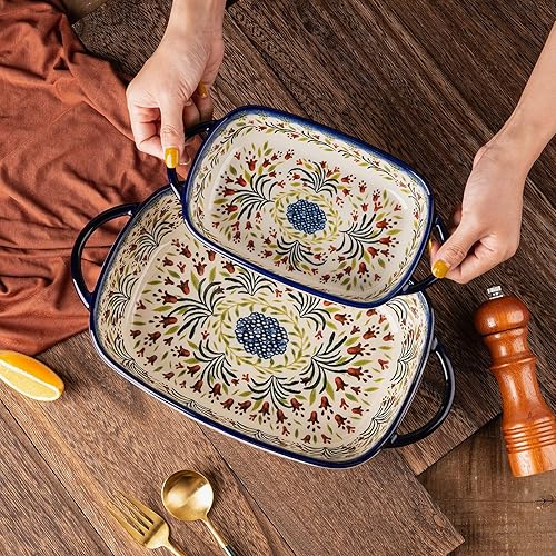 Miniatura 5 de Platos rectangulares de cerámica para hornear, juego de 2 cazuelas azules para horno, sartenes para lasaña