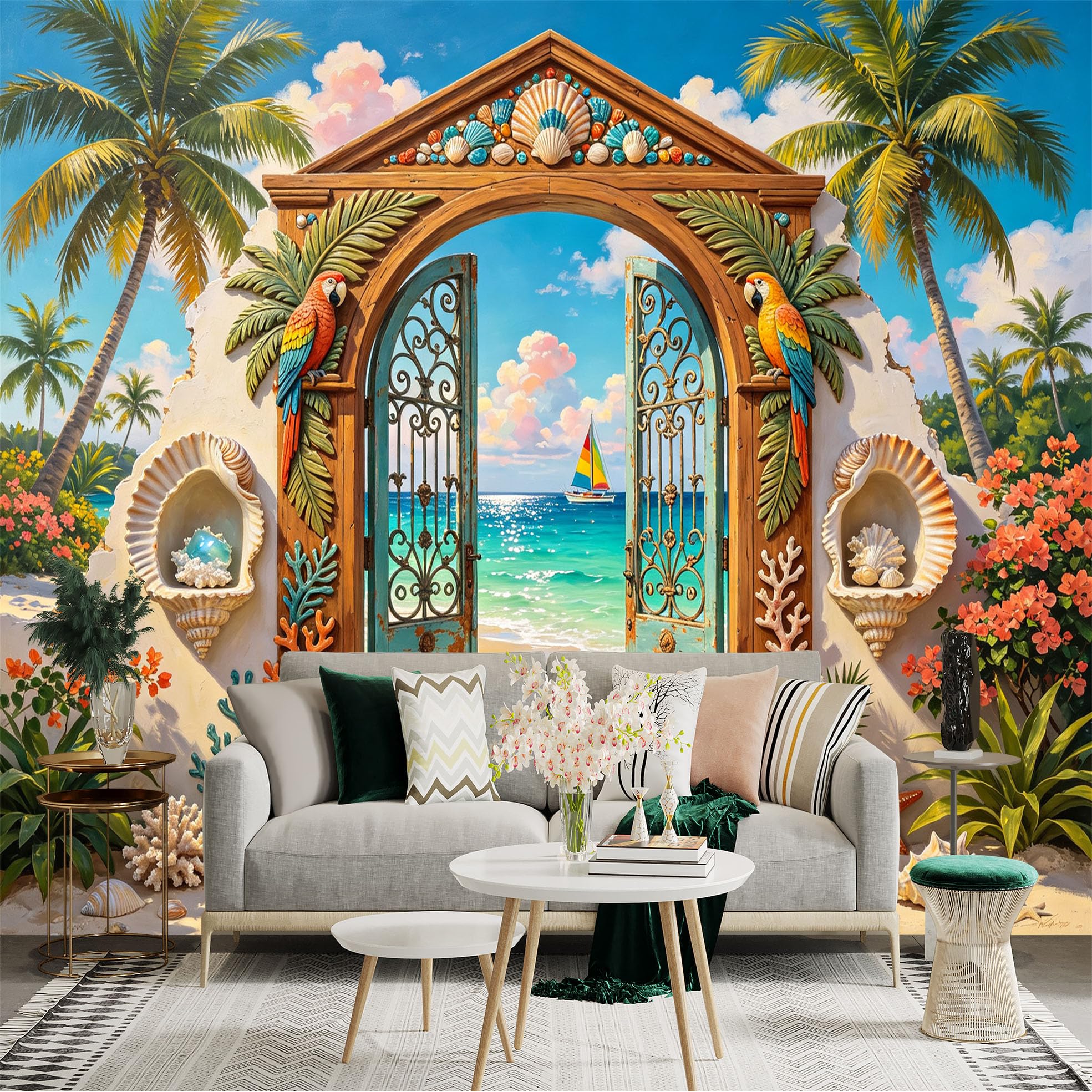 Custom Size Wall Sticker Mural， Tropical Beach Gate， Palm Trees， Ocean View， Coastal Paradise， for wall Decoration， peelandstick wall Decals.