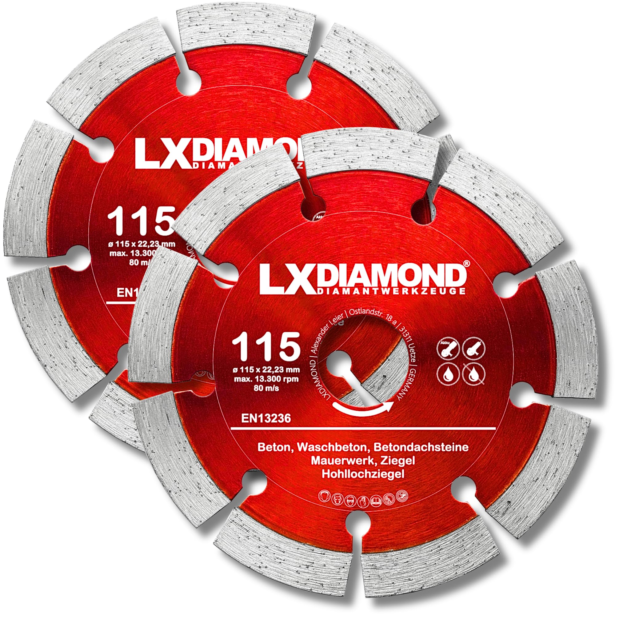 LXDIAMOND Diamant-Trennscheibe 2x 115mm x 22,23mm - für Winkelschleifer Mauernutfräse Schlitzfräse - Diamantscheibe zum Trennen von Stein Beton Ziegel Mauerwerk - 115 mm Steinscheibe in Profi Qualität
