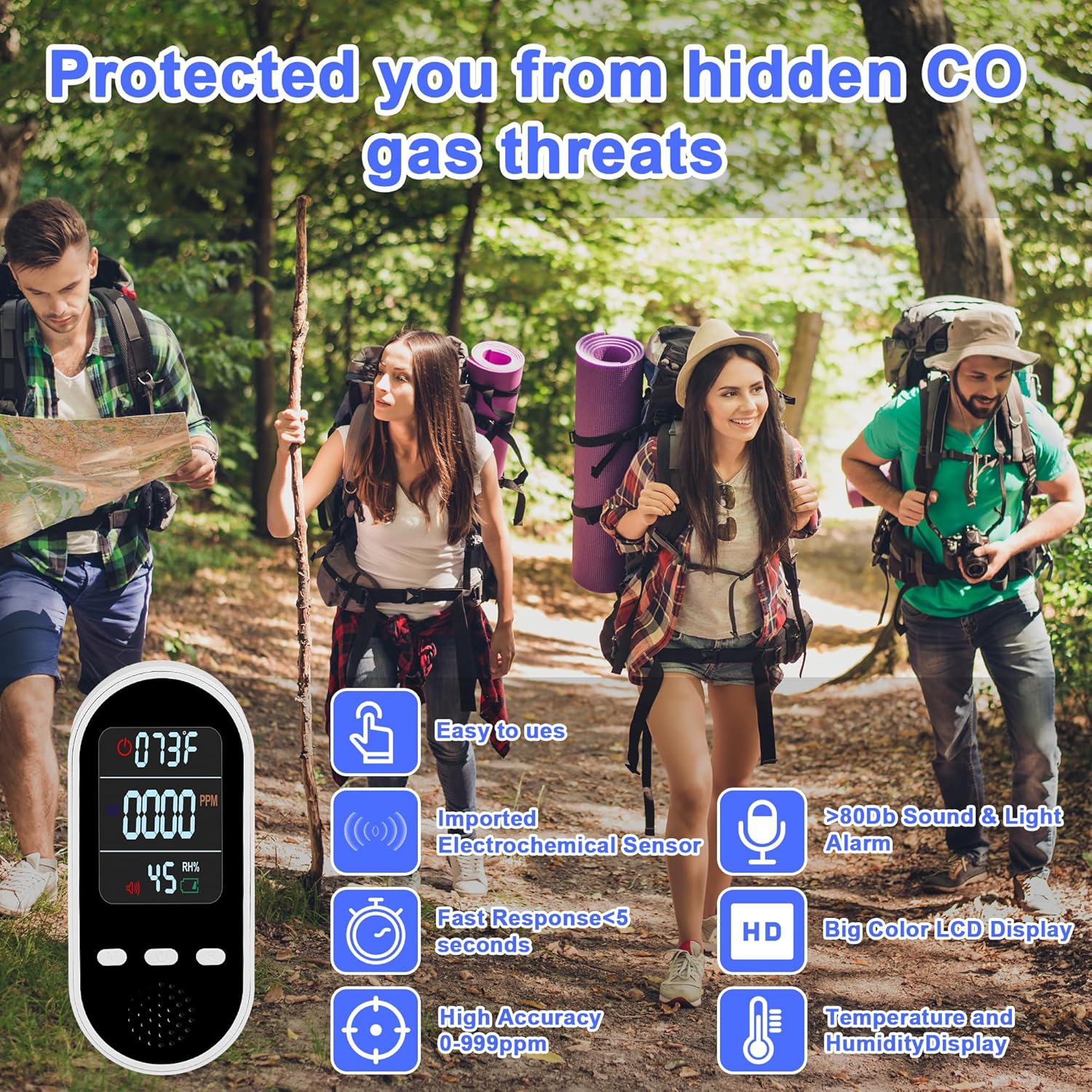 Portable Carbon Monoxide Detector Mini air Quality Monitor with Lanyard Alarm, CO Gas/Humidity Sensor/Indoor/Outdoor Thermometer, Battery Powered LED Screen - Image 4