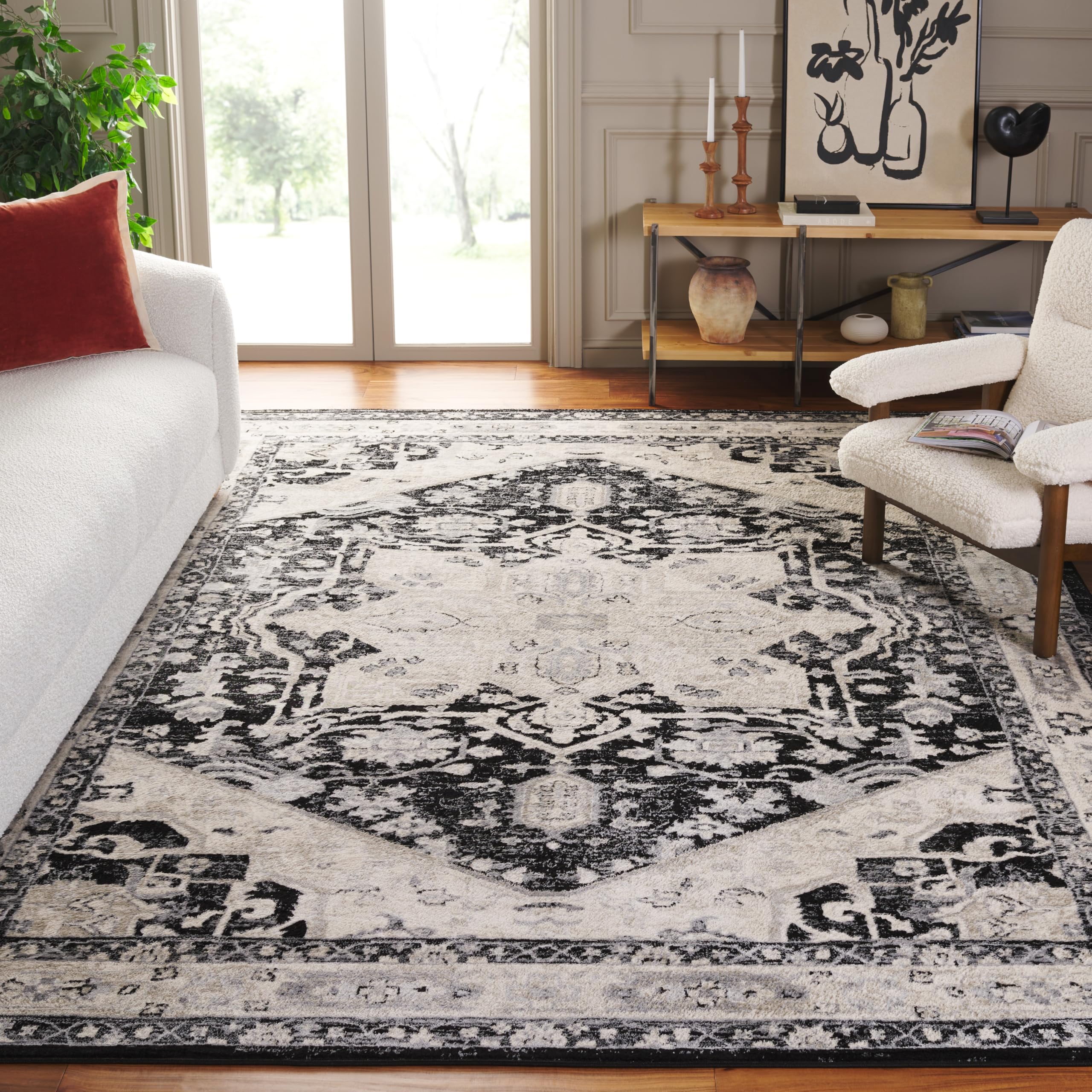 SAFAVIEH Brentwood Collection 8' x 10' Black/Ivory BNT852Z Medallion Distressed Non-Shedding Living Room Dining Bedroom Area Rug