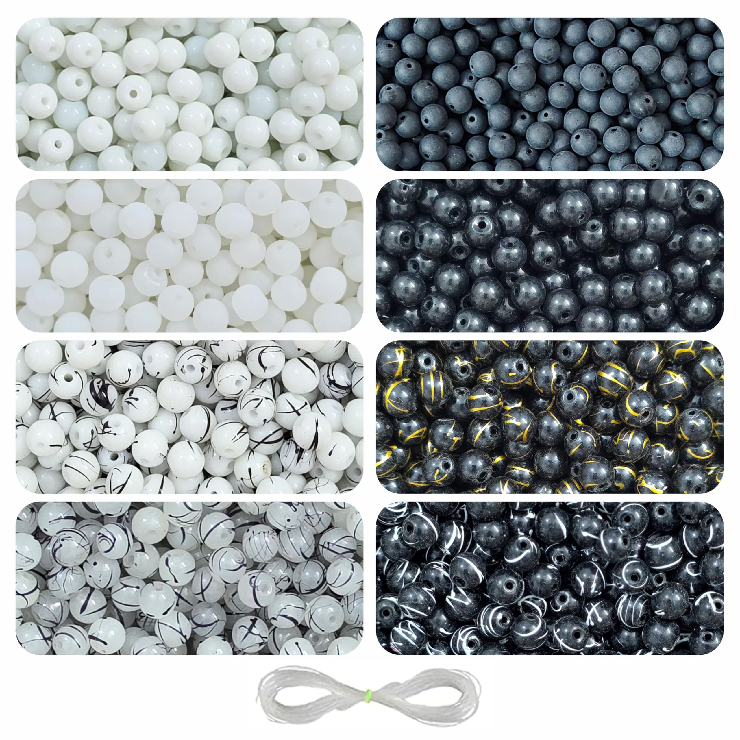 225 Pcs Black & White Glass Beads for Bracelet Making Kit - Beads for Jewellery Making Kit - Bead Bracelet Making - Crystal Bead - Beads for Craft - 8mm-image-13