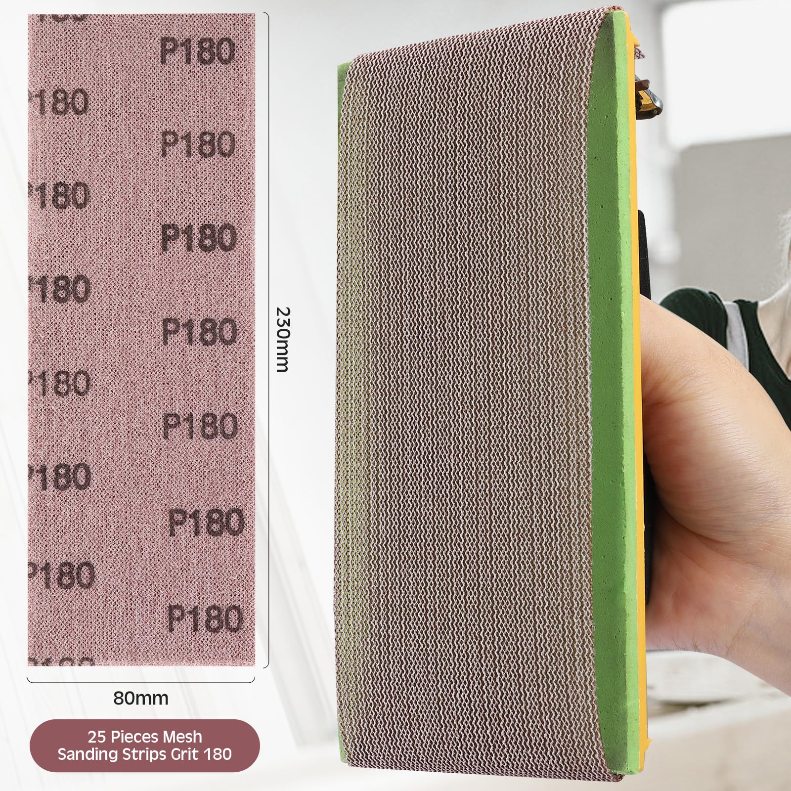 Filet Bande Abrasive 80 X 230mm，25 Pièces Grille Abrasive Professionnelle Avec Grain P180, Pour Ponçage Manuel, Ponceuse Orbitale Et Bloc De Ponçage Manuel