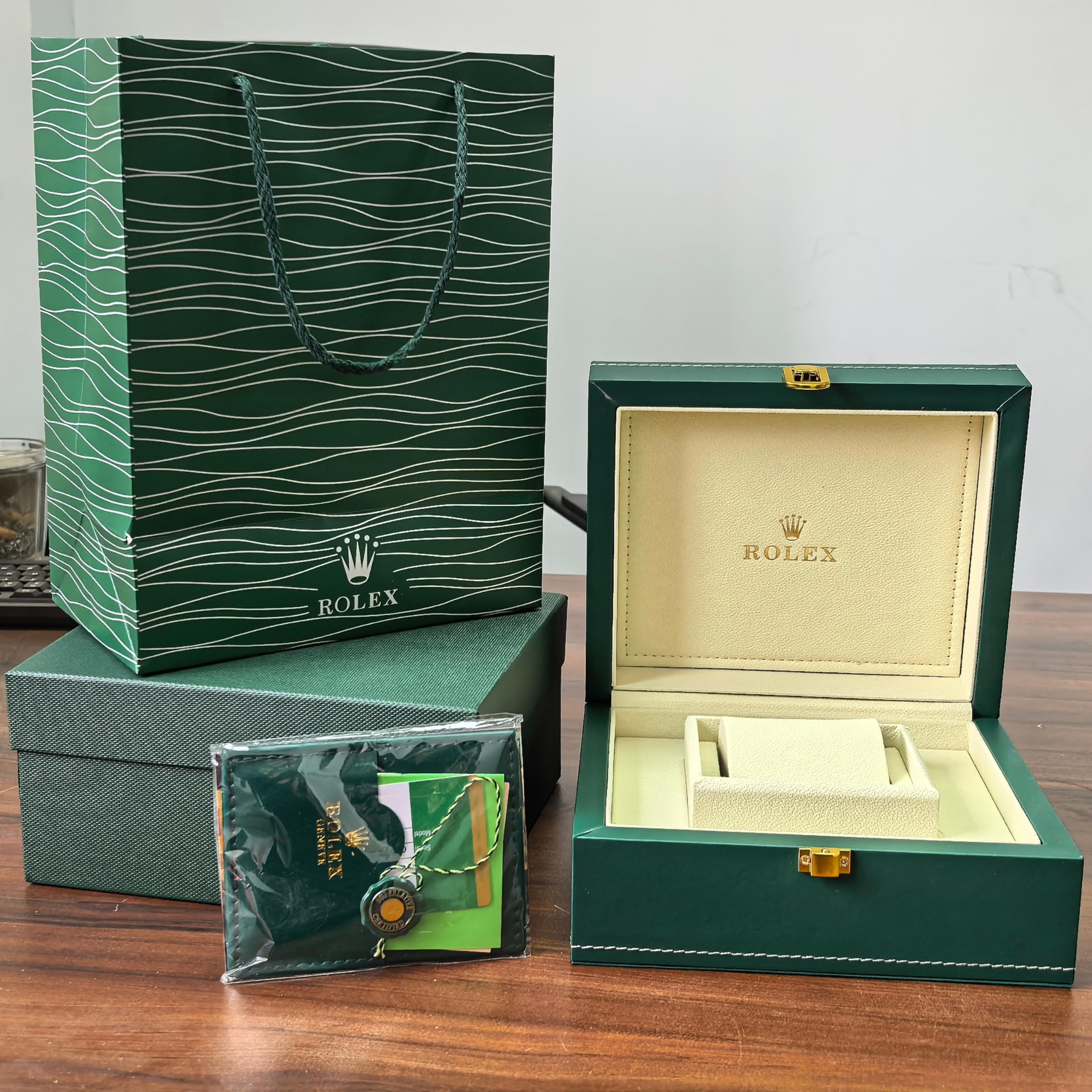 Caja de Reloj Ranura Individual Estuche de Madera de Cuero PU Verde con Caja Exterior Y Bolsa para Rolex Oyster Perpetual