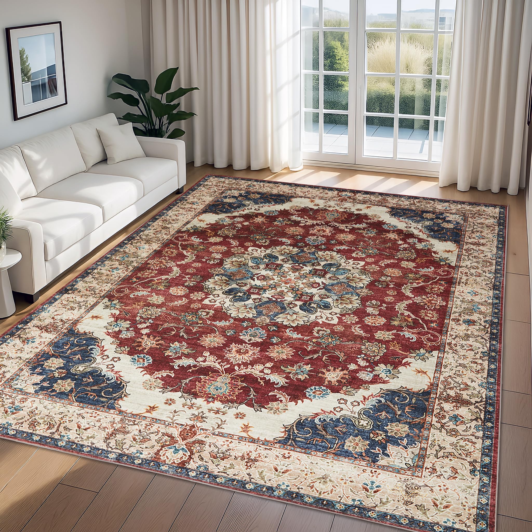 Imperial Rooms Gold Red Extra Large Rugs Living Room 200x290 cm Short Pile Area Rugs for Bedroom Machine Washable Non Slip Carpet for Kids Room Soft Vintage Design Boho Rug, Whisper