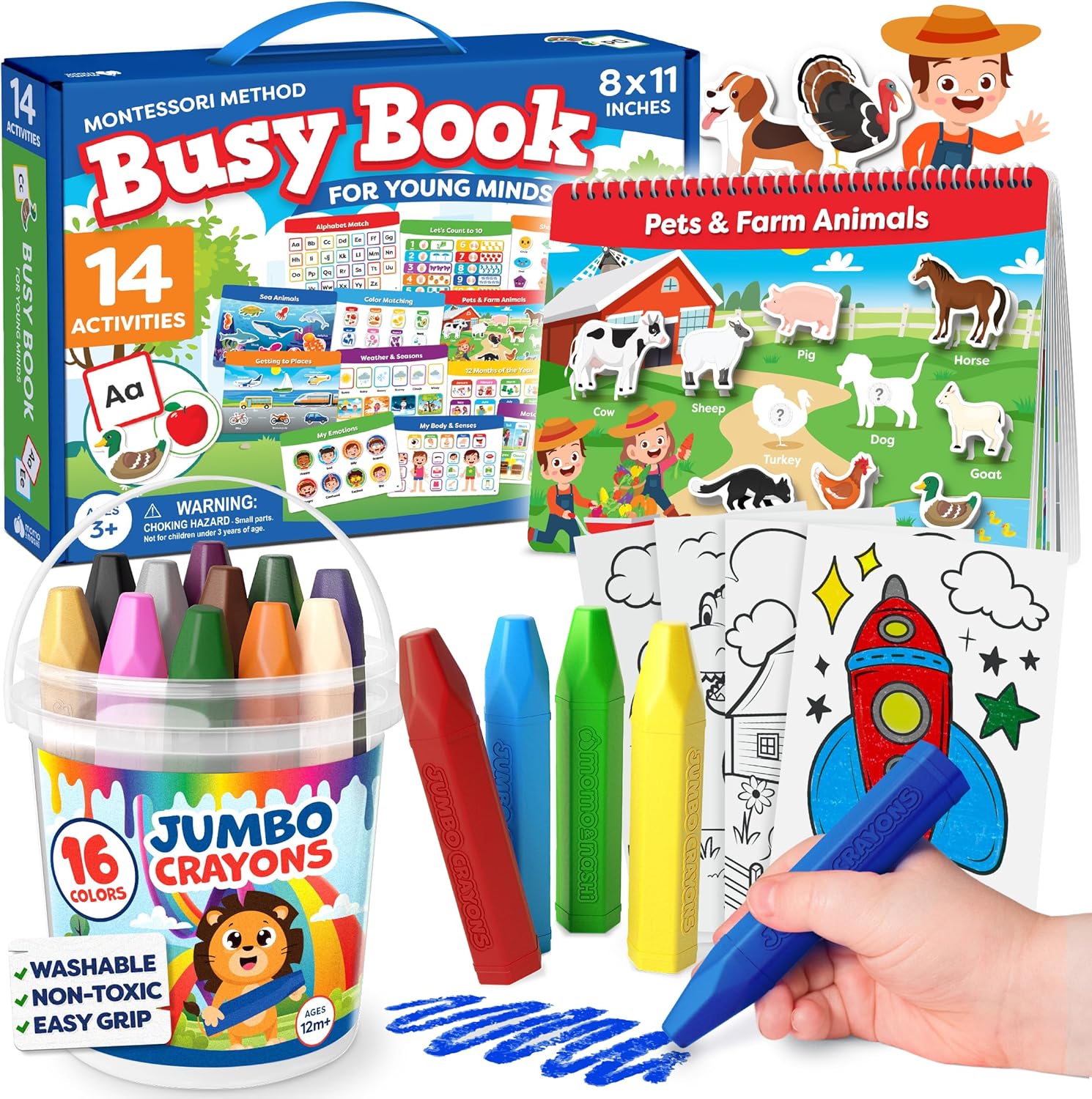 Momo & Nashi Montessori Preschool Busy Book for Toddlers 3 and Up & 16pcs Jumbo Crayons for Toddlers 1-3