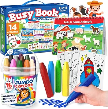 Momo & Nashi Montessori Preschool Busy Book for Toddlers 3 and Up & 16pcs Jumbo Crayons for Toddlers 1-3