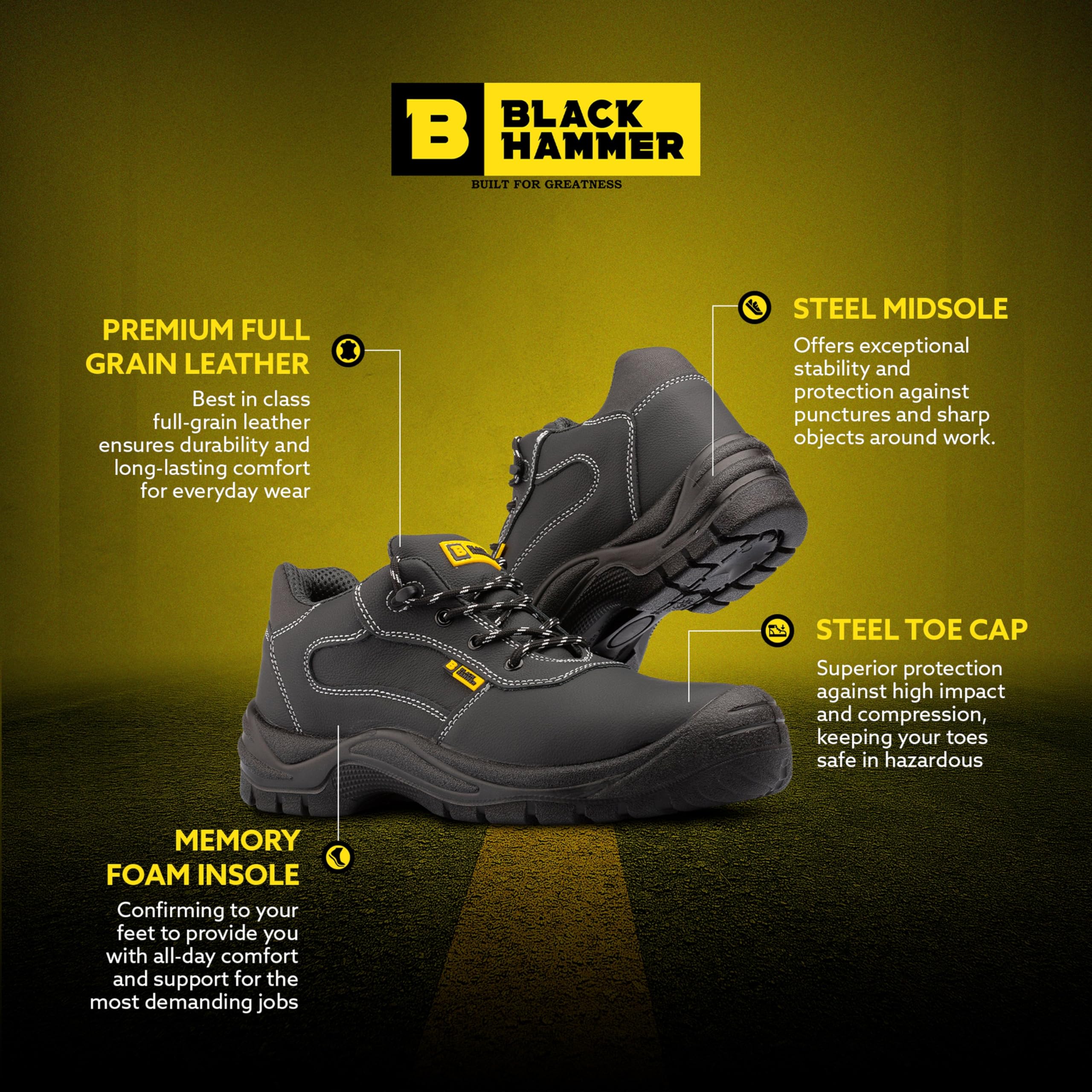 BLACK HAMMER Zapatillas de Seguridad Hombre, con Puntera de Acero, Resistente al Agua y de Piel Plena Flor, Calzado Actividades al Aire Libre y Trabajos Duros S3 SRC Harry (42 EU)