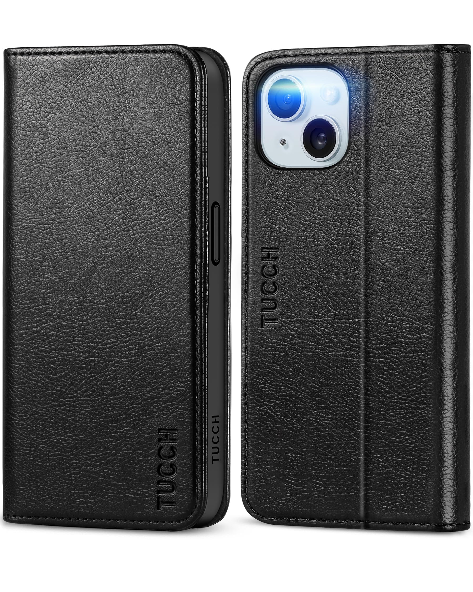 TUCCHCase for iPhone 15 (6.1") 2023 5G, Protective PU Leather Wallet Folding Folio Stand Cover with[RFID Blocking][Kickstand][Shockproof TPU][Card Holders] Compatible with iPhone 15, Textured Black