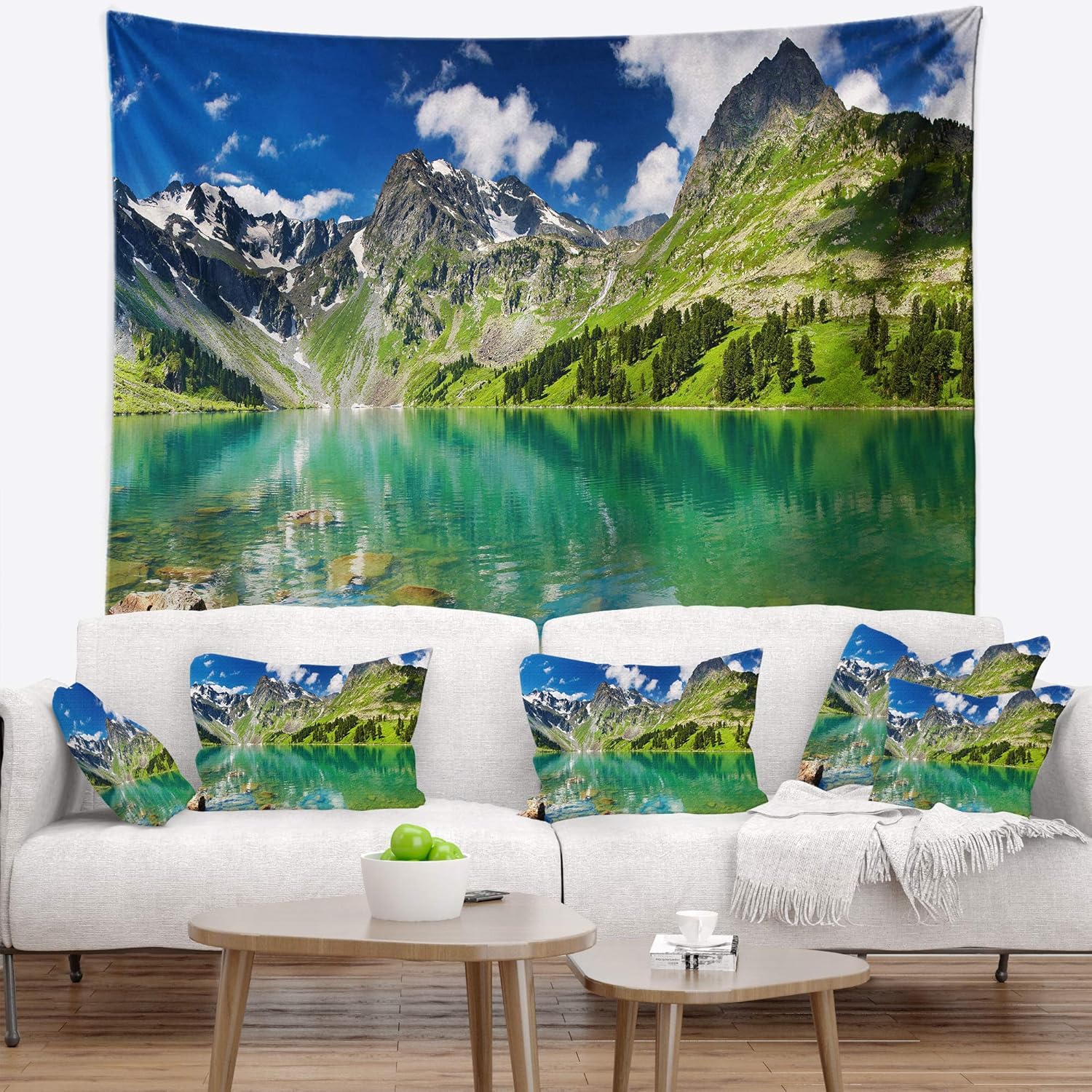 Designart ' Bright Day Mountain Lake' Photography Tapestry Blanket Décor Wall Art for Home and Office, Created On Lightweight Polyester Fabric x Large: 92 in. x 78 in