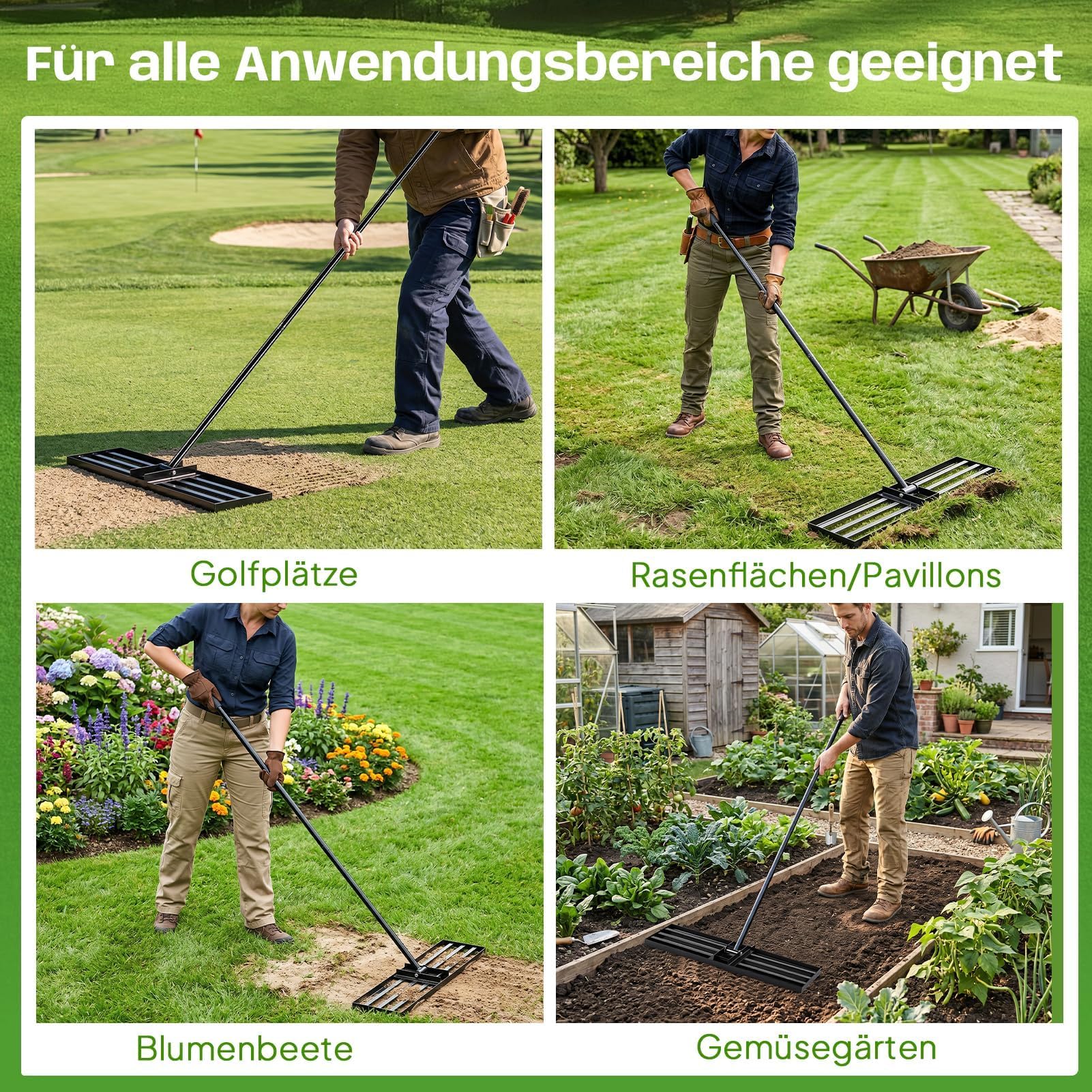 Nivelador de césped con mango regulable de 200 cm, rastrillo de nivelación de césped de 76 x 25 cm, de acero al carbono, rastrillo de césped para nivelar para jardín, patio y cuidado del césped