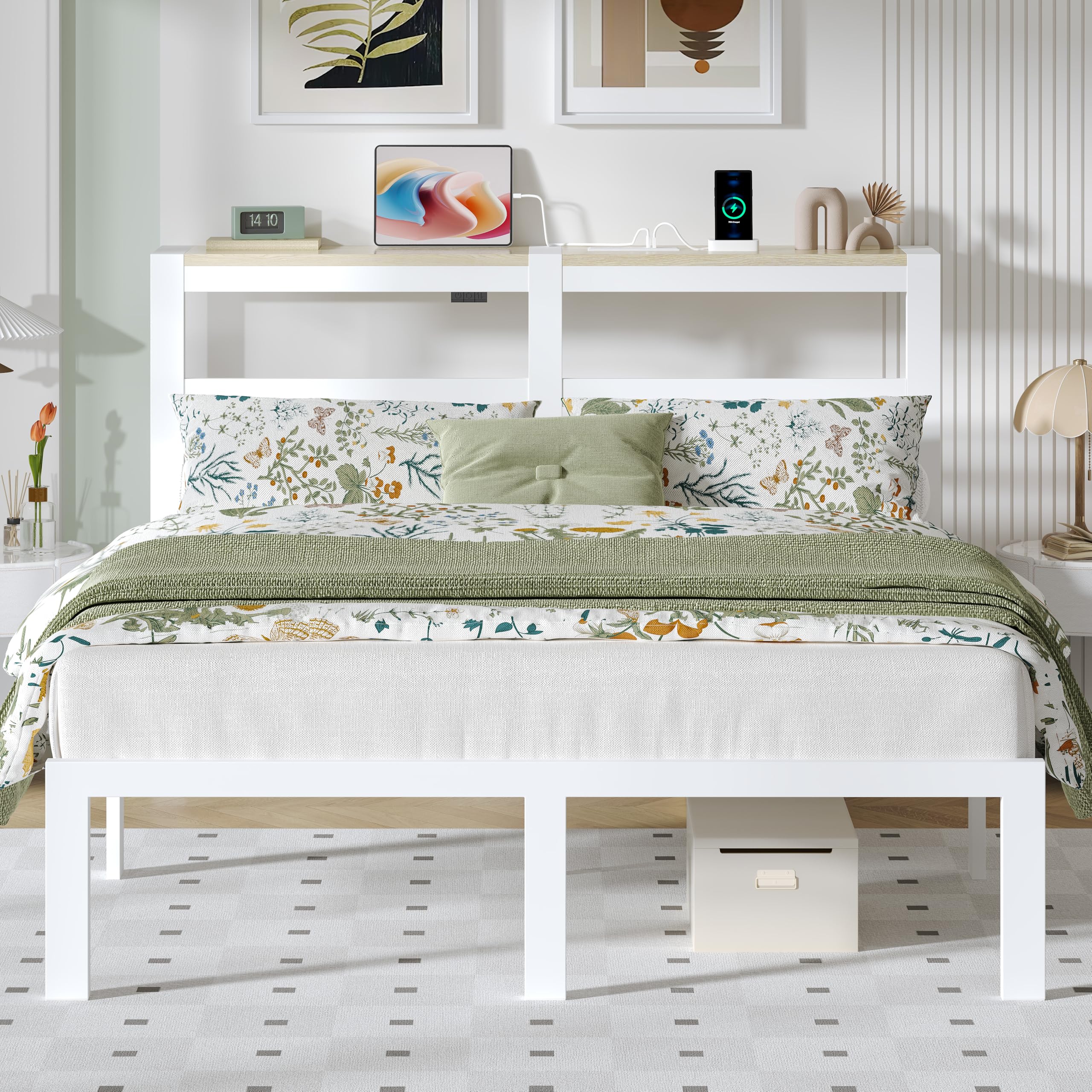 ChicZhiNest Queen White Bed Frames with Charging Station and LED Lights, Queen Platform Bed with Heavy Duty Metal Slats, Storage Headboard, Under Bed