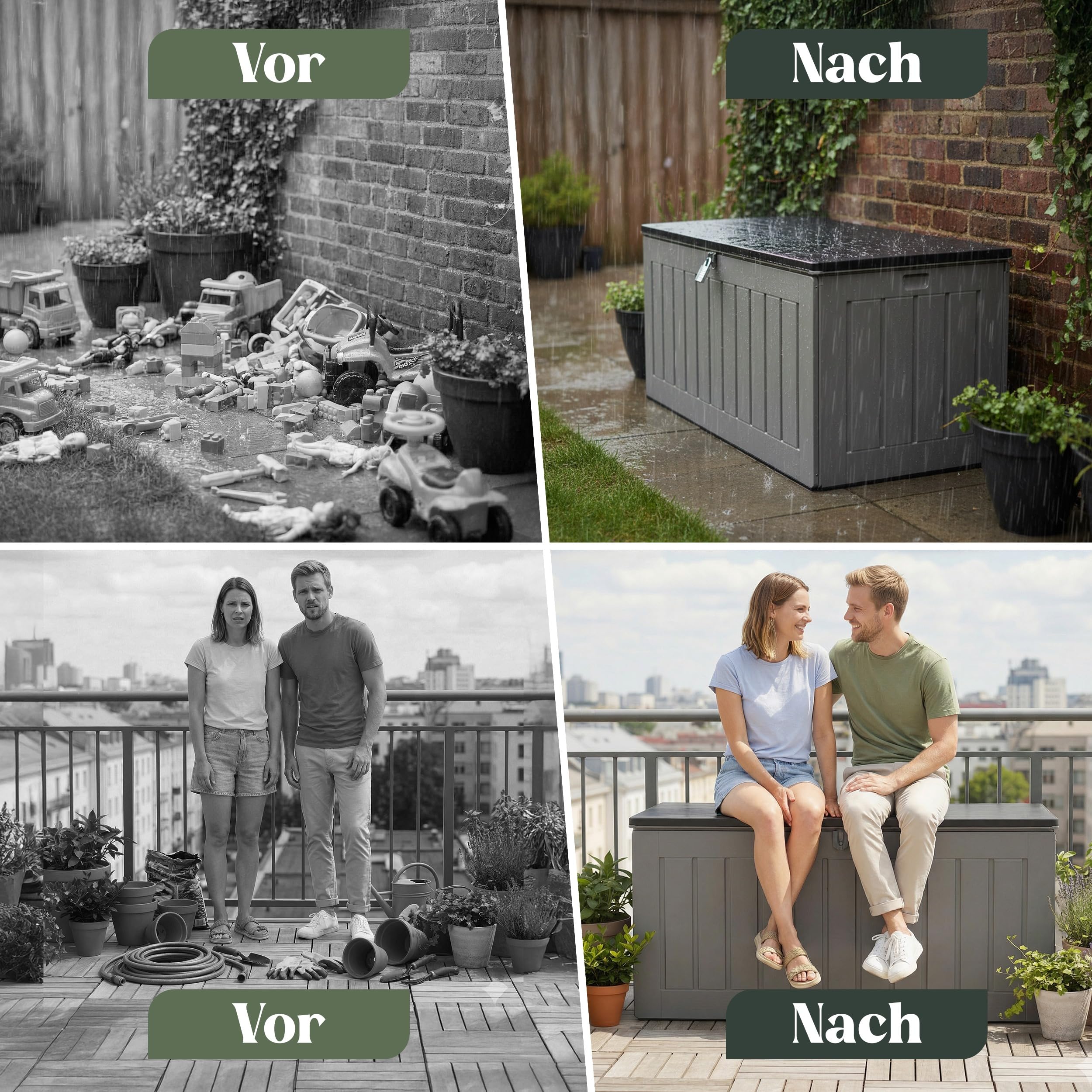Olsen & Smith Abschließbare XXL 830L Aufbewahrungsbox mit Deckel Groß – Wetterfeste Gartenbox & Sitzbank mit Gasdruckfeder – Wasserdicht Auflagenbox & Kissenbox – Gartentruhe Anthrazit Holzoptik