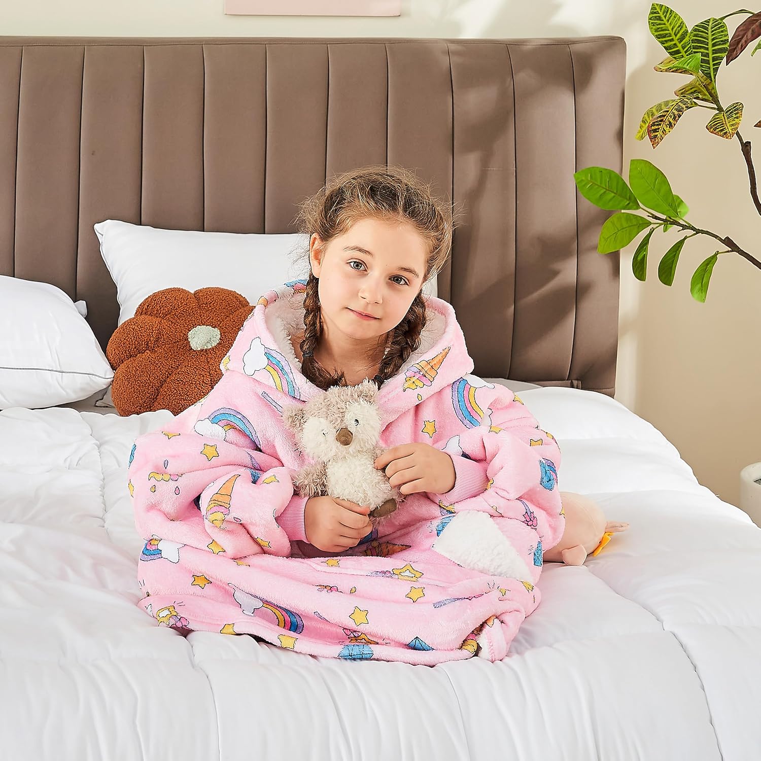 Ramees Wearable Blanket Hoodie for Kids, Sherpa Oversized Sweatshirt Blanket Flannel with Hood Pocket and Sleeves (Rainbow) - Image 2