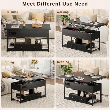 IRONCK Lift Top Coffee Table, Living Room Table with LED Lights, USB and Type-C Ports, Wooden Tea Table with Hidden Storage and 2 Drawers, Convertible Centre Table, 100×80cm, Black
