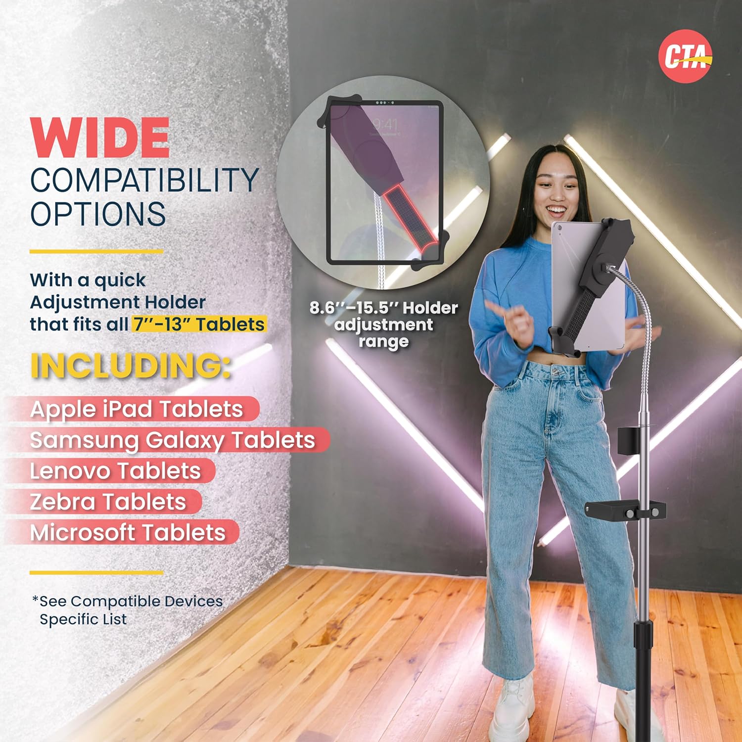 CTA Digital Mobile Floor Stand Compact, Adjustable Gooseneck Floor Stand with Handle & Swivel Casters For iPad Gen 7-10, iPad Air 4, 12.9”, Surface Pro, Zebra Tablets, & Other 7-13” Tablets (PAD-CGSH)