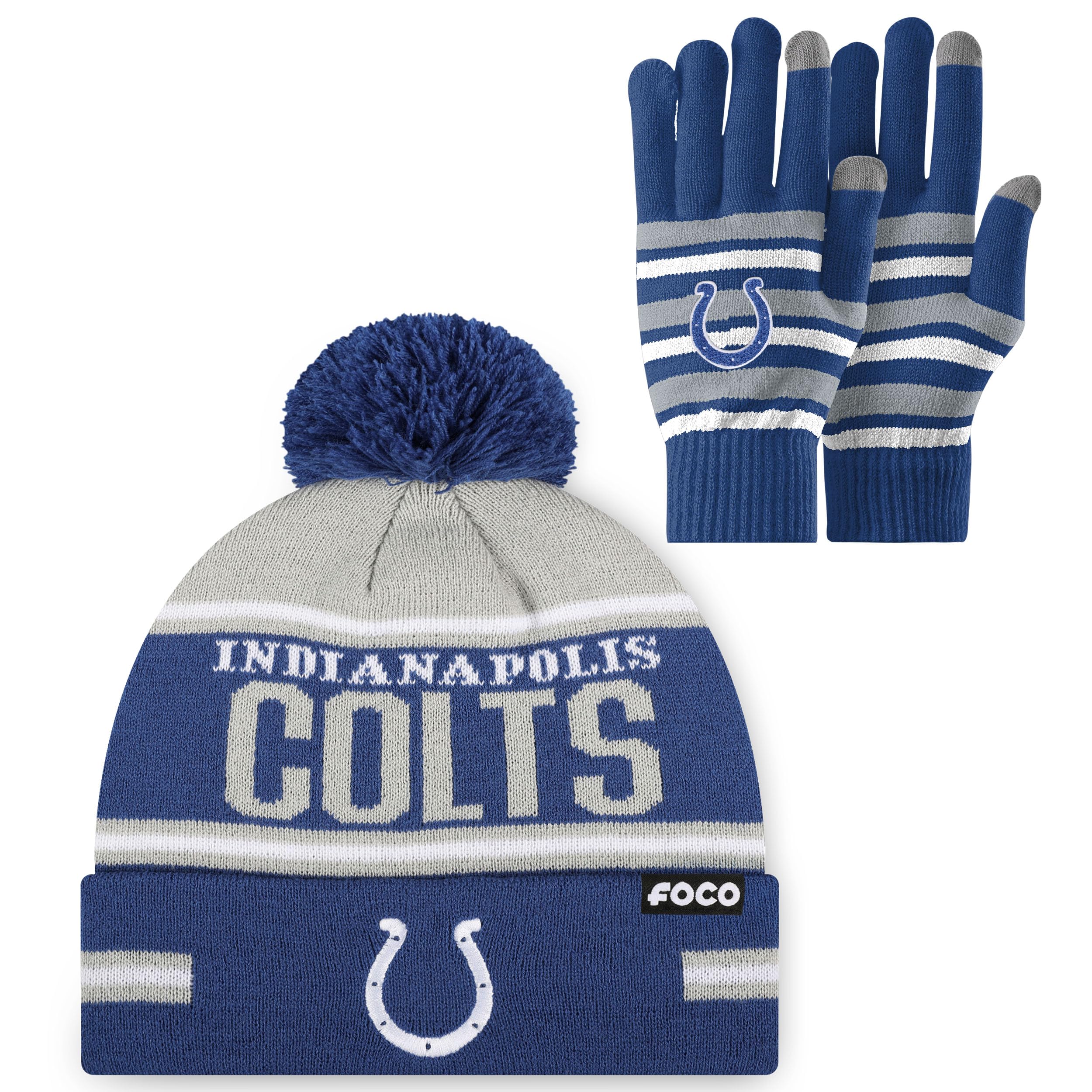 FOCO NFL unisex-adult Nfl Team Logo Adult Stretch Gloves With Big Wordmark Strip Pom Knit Hat Beanie Set