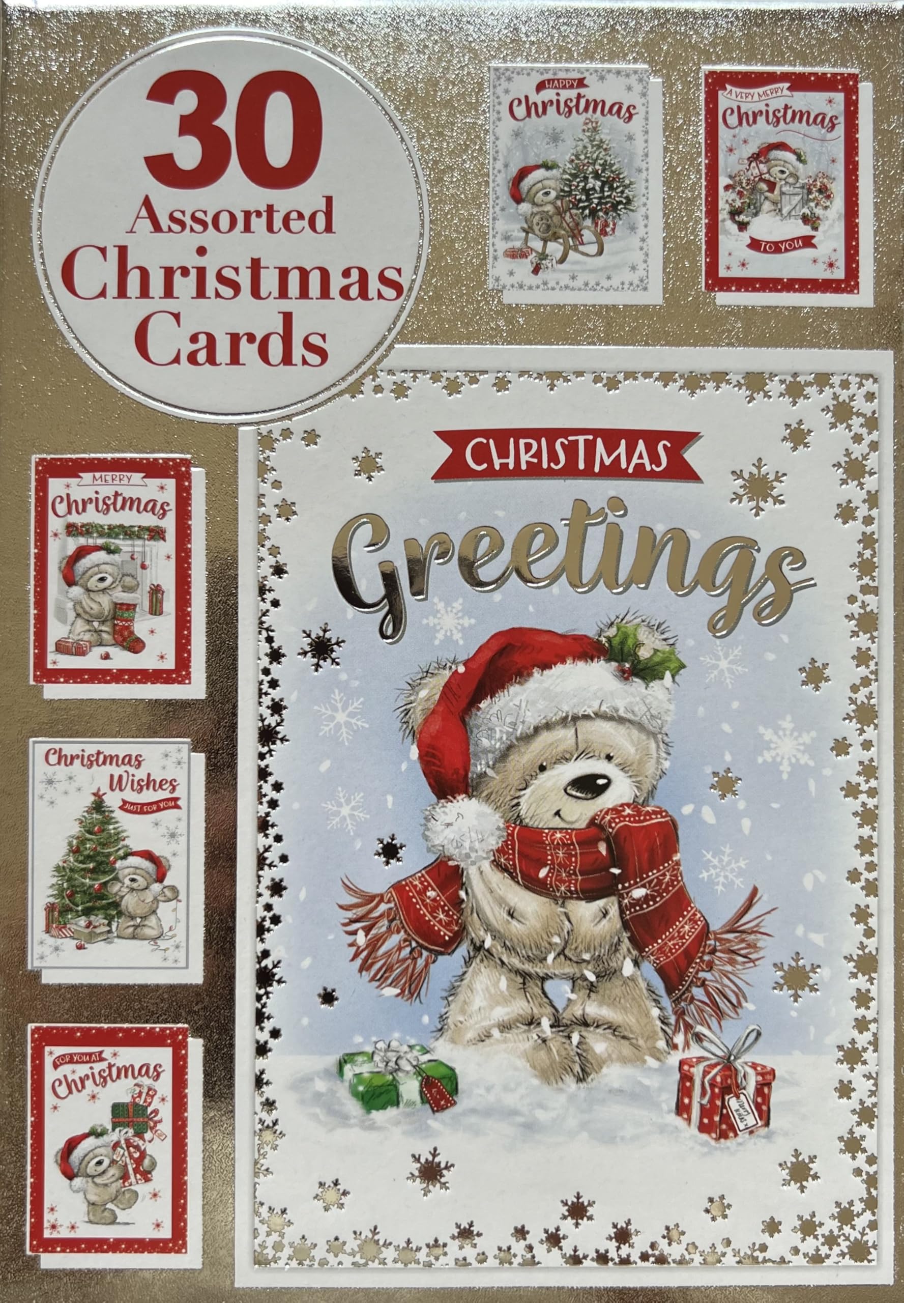 Christmas Greetings Assorted Christmas Cards Box Multi Pack of 30 Bear