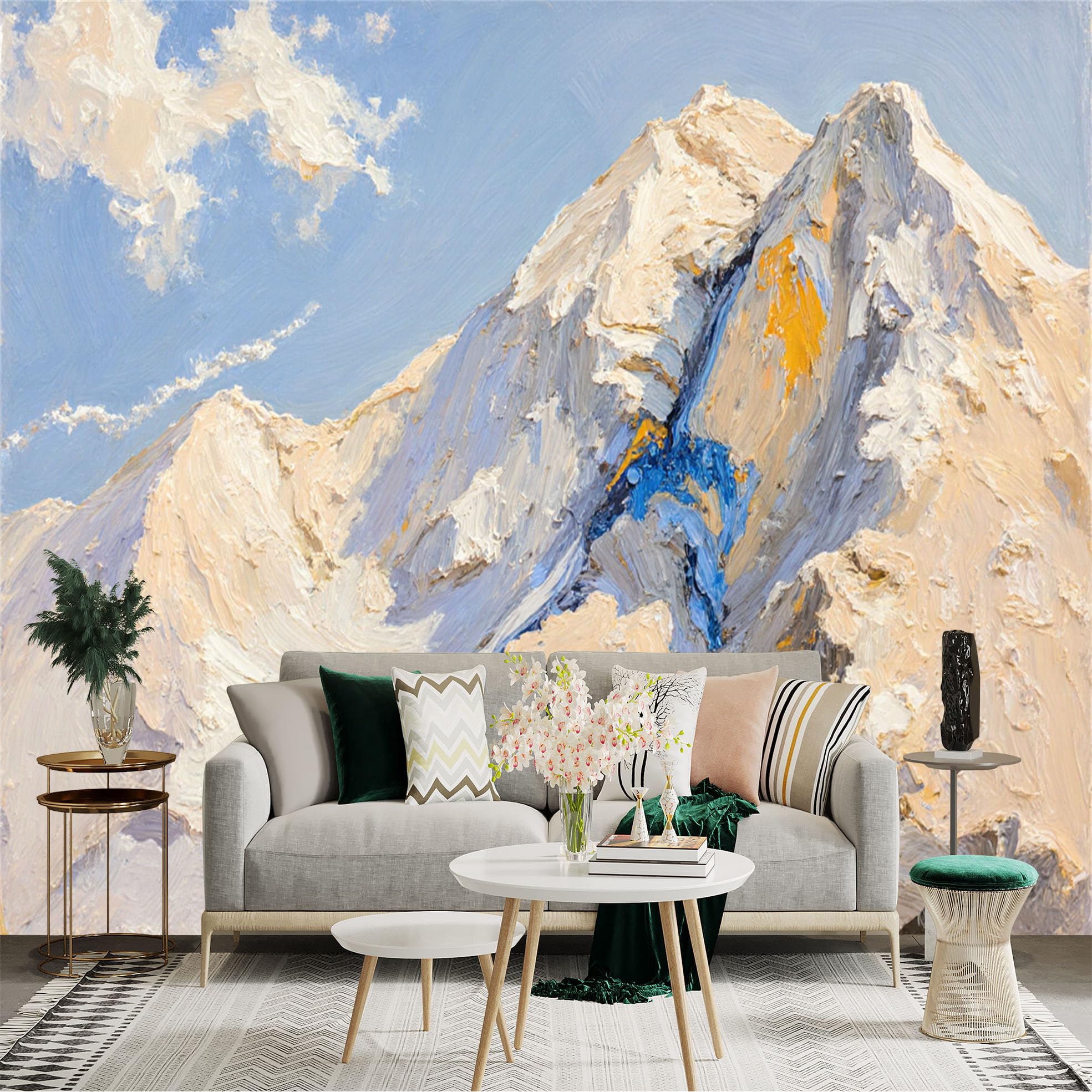 Custom Size Wall Sticker Mural， Oil Painting of Snowy Mountain Peaks， Blue Sky with Clouds， Artistic Landscape Scene， for wall Decoration， peelandstick wall Decals.