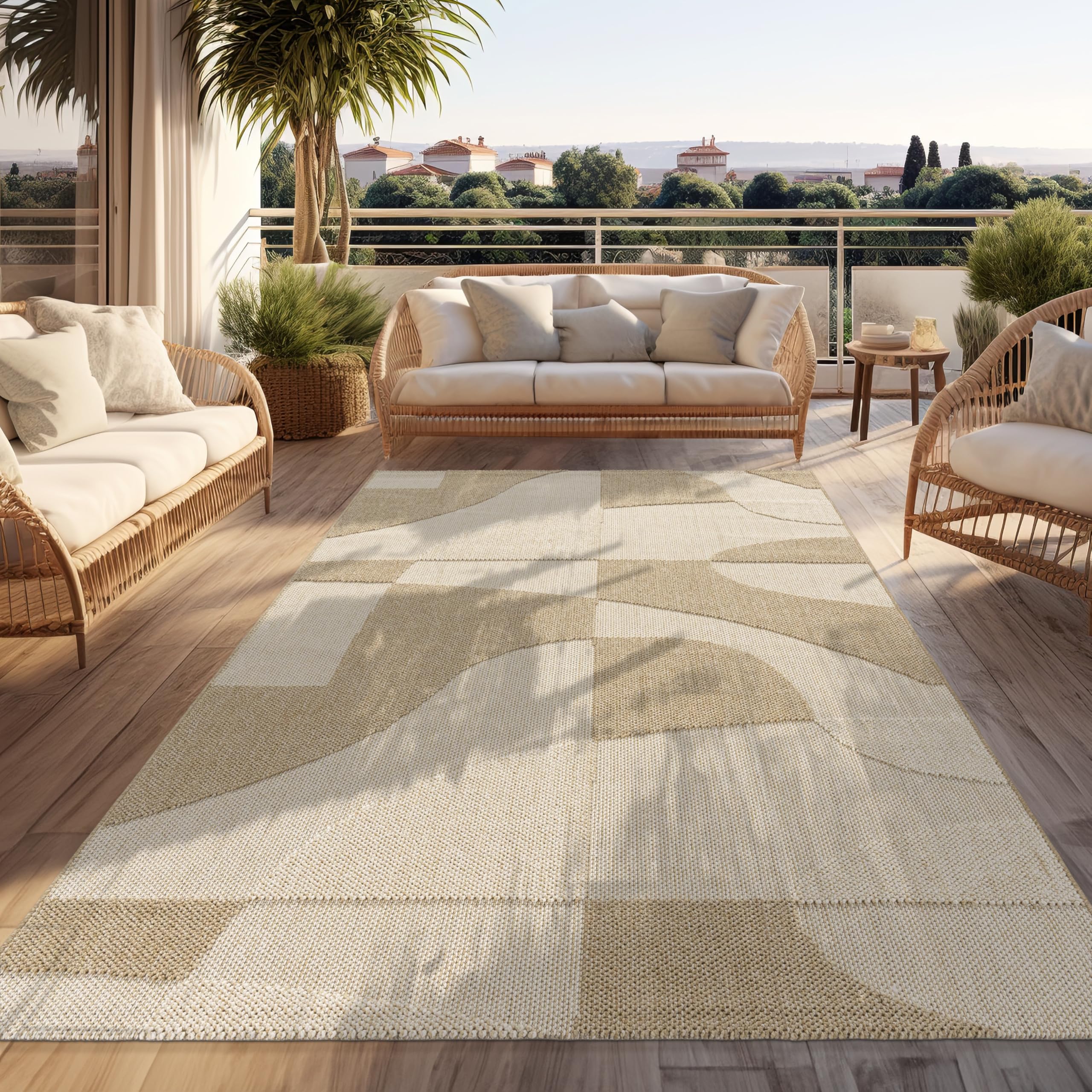 Paco Home Outdoor Teppich Wetterfest Balkon Wohnzimmer Boho Design Geometrisches Muster Abstrakt 3D Effekt Moderne Deko Beige Creme, Grösse:200x280 cm