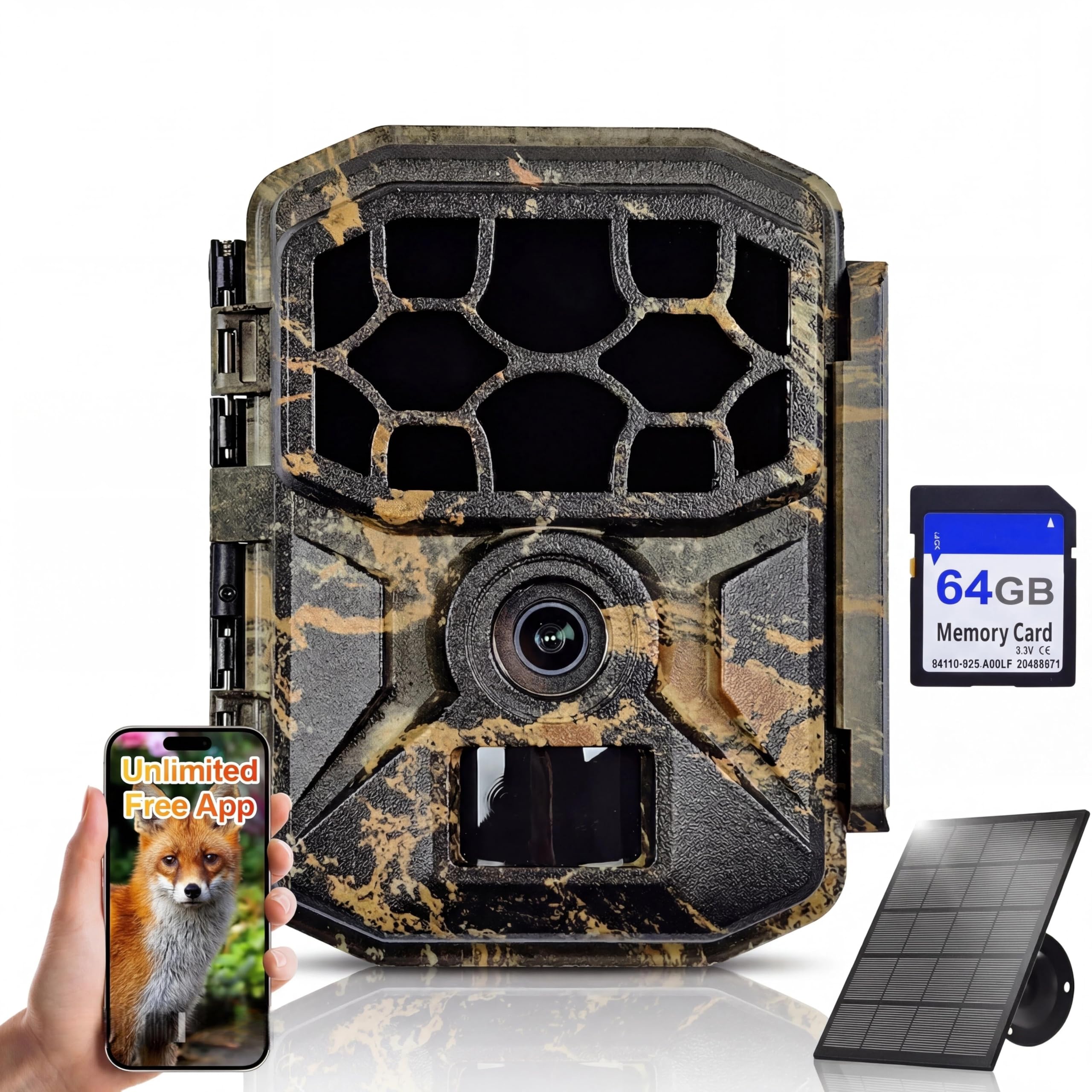 8KB Wildkamera mit WLAN & App Handyübertragung, 5K UHD 64MP Wildtierkamera, Eingebauter 7800mAh Akku wiederaufladbar + Solarpanel, 64GB SD-Karte, Infrarot-Nachtsicht, Bewegungsmelder, IP66 wasserdicht