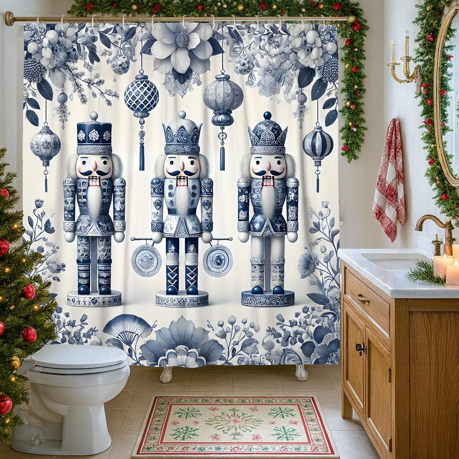 4pcs Nutcracker Shower Curtain Set, Navy Blue White Holiday Bath Mat Rugs Accessories for Christmas Decor, Winter Modern Waterproof Fabric Shower Curtain Set with Hooks 72x72 Inch