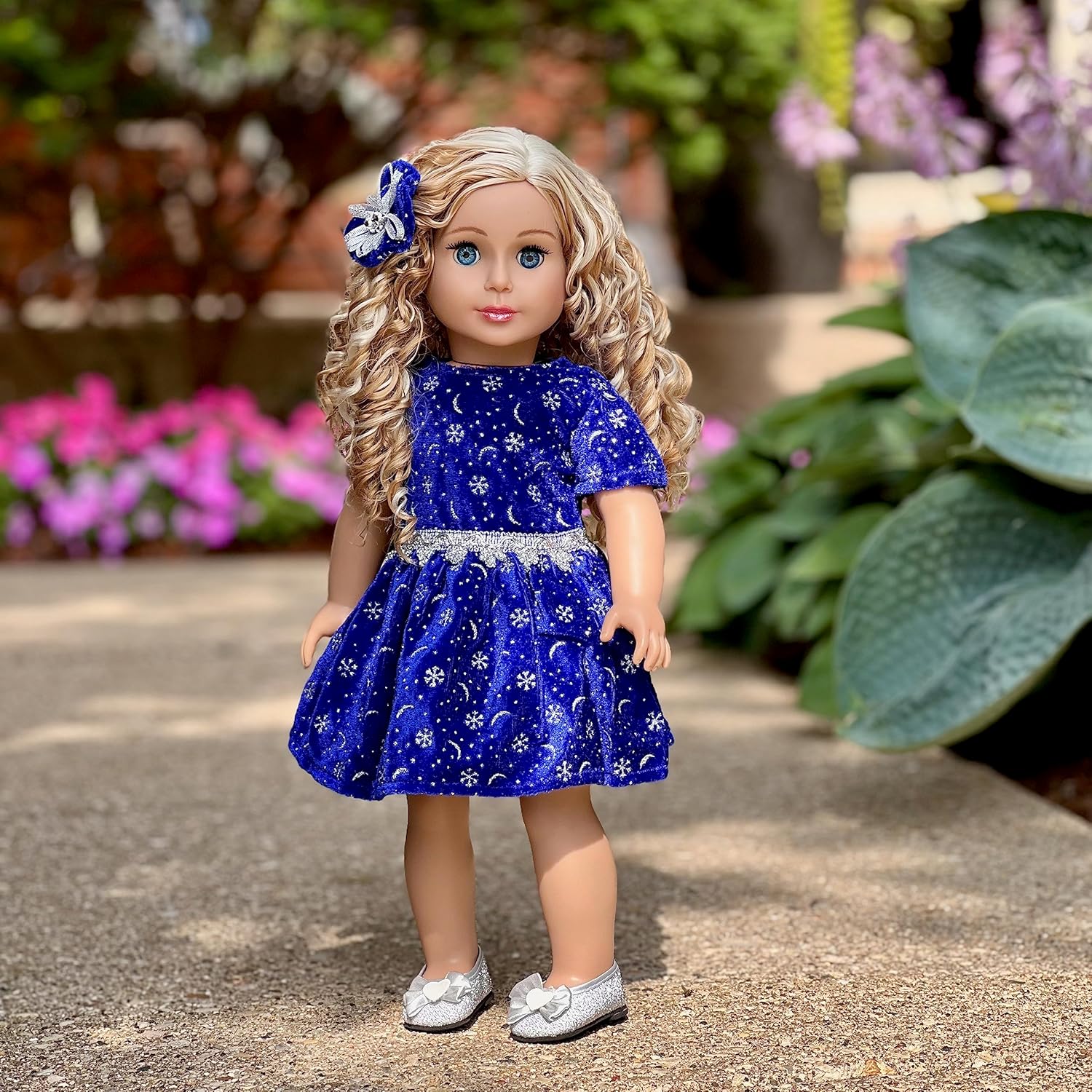 18 inch Doll Clothes - Midnight Blue - 3 Piece Outfit - Dark Blue Sparkling Holiday Dress with Matching Silver Shoes and Headpiece - Clothes Fits American 18 Inch Doll (Doll Not Included)