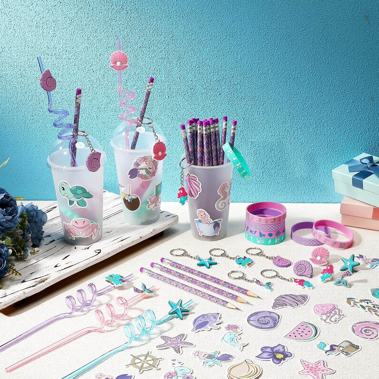 194 Pcs Mermaid Party Favors Goody Cup Fillers, Mermaid Birthday Party Decorations Straws Keychains Pencils Bracelets for Goodie Bag Stuffer, Classroom Rewards, Pinata Supplies, Baby Shower