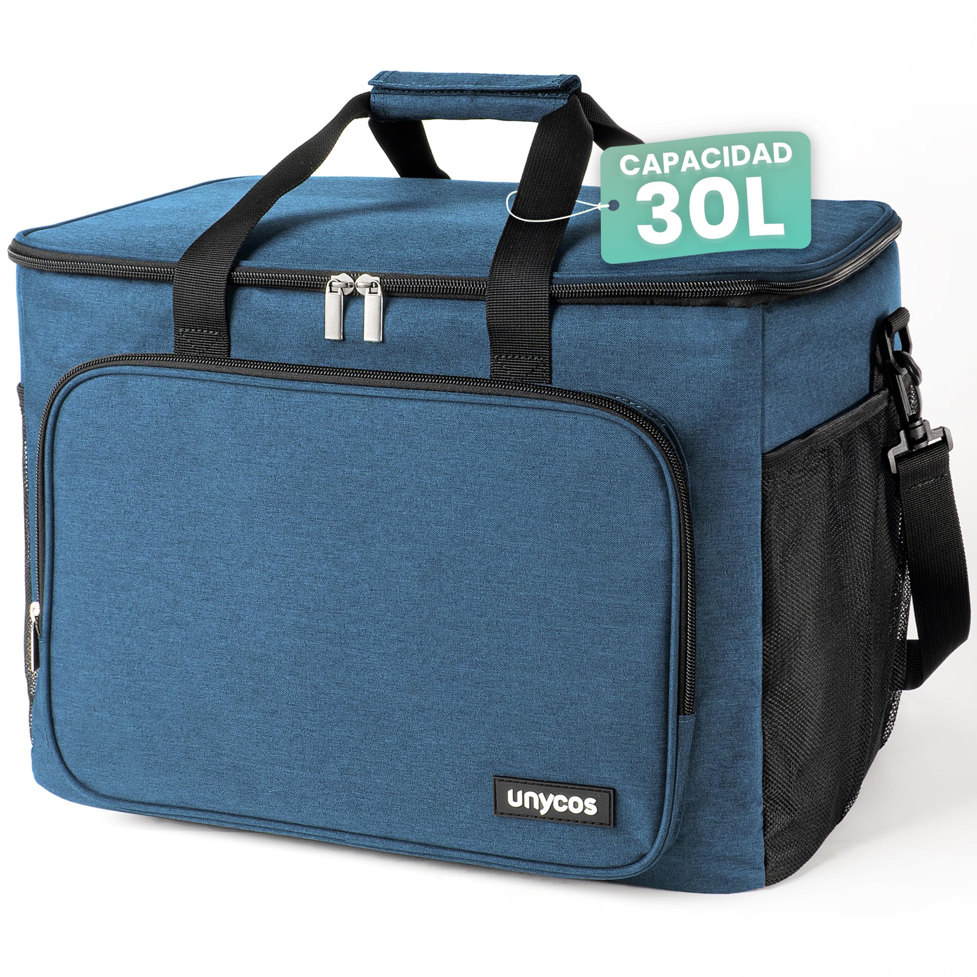 unycos - Bolsa Térmica Porta Alimentos 30L - Nevera Portátil, Lunch Box Impermeable, Hermética e Isotérmica, Porta Fiambrera para Almuerzo, Oficina, Viaje, Pícnic o Colegio (Azul Oscuro)