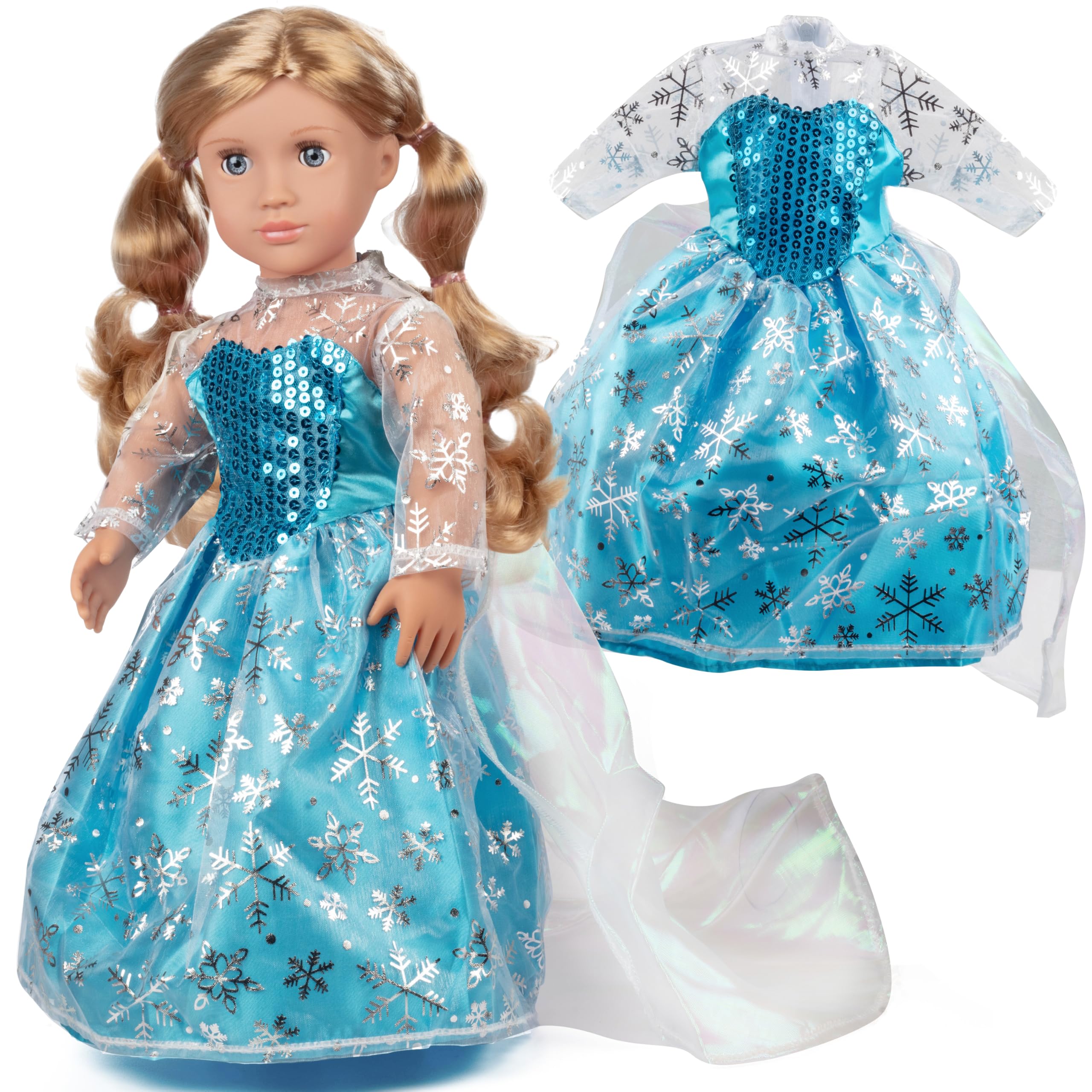 Elsa Frozen Inspired Dress- 18" Doll Clothes & Accessories Compatible w American Girl Dolls- Includes Blue Snowflake Queen Premium Quality Handmade Dress- Gift Set for Girls, Kids, & Doll Collectors