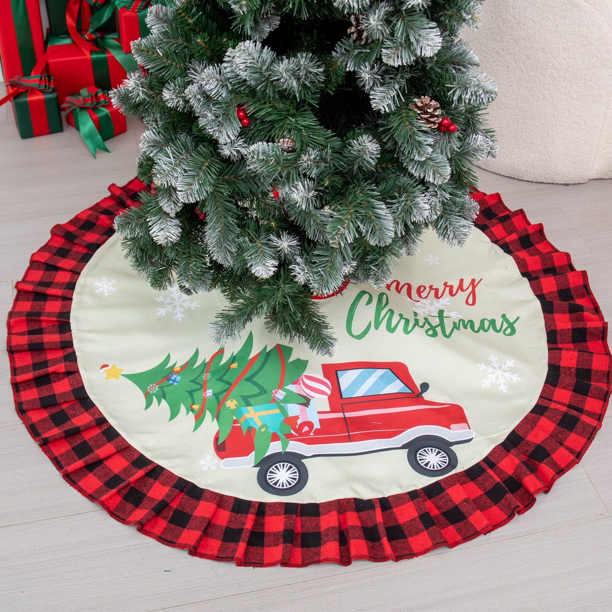 Burlap Christmas Tree Skirt 36 Inch with Truck Red and Black Buffalo Plaid Border Farmhouse Winter Holiday Decor Home Xmas Decoration Ornaments