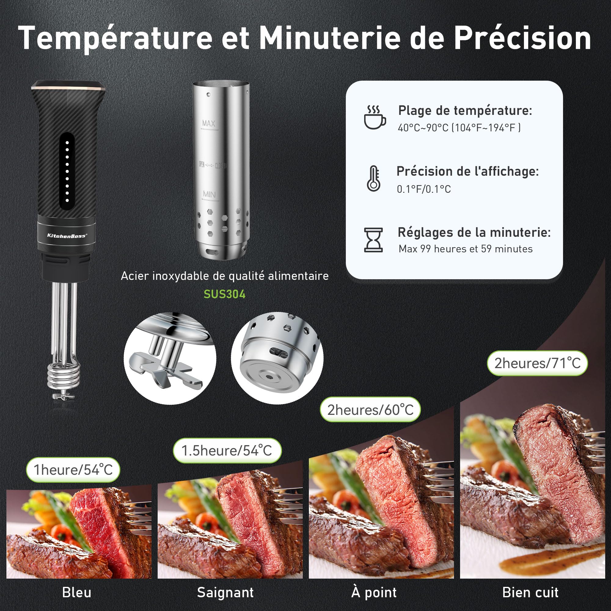 KitchenBoss Thermoplongeur Cuisson Sous Vide WiFi: Cuisson Sous Vide de Contrôle Précis de la Température, Cuisinière Thermostat Réglable, APP Contrôle, IPX7 Imperméable, LED Display Silencieux 1100W