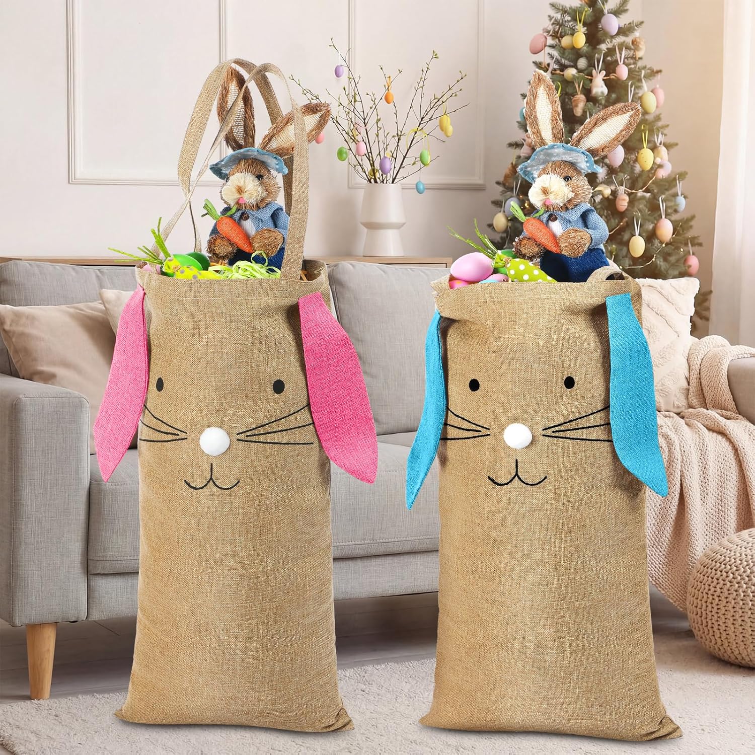 Sweetude Extra Large Easter Gift Bags 30 Inch Bunny Bags with Handle Easter Sacks Reusable Bunny Burlap Gift Sacks for Egg Hunt Spring Party Supplies(Pink and Blue Ear)