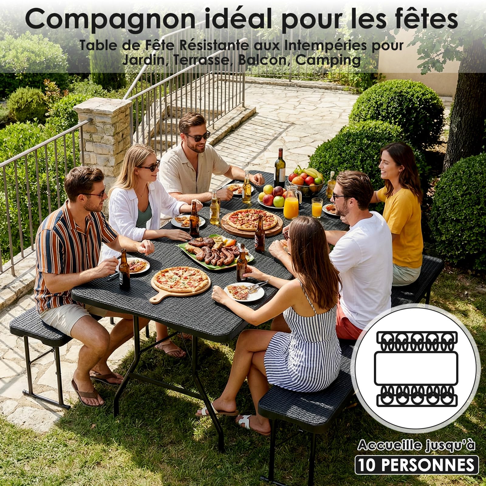 LIFERUN Table de Camping Pliant 180x75 cm,Table de Jardin en HDPE Plastique | avec Poignée, Résistant, Capacité 10 Personnes, Charge Max 150 kg, pour Terrasse et Balcon,Fête ou Plage,Design Rotin-Optique