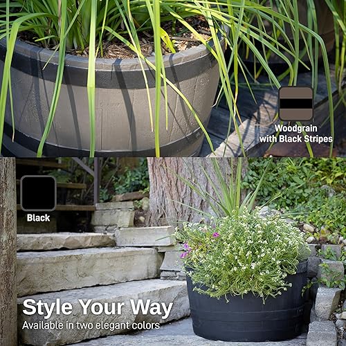 Miniatura 6 de RTS Home Accents Macetero de barril de whisky, polietileno para jardinería interior o exterior, grano de madera con rayas negras