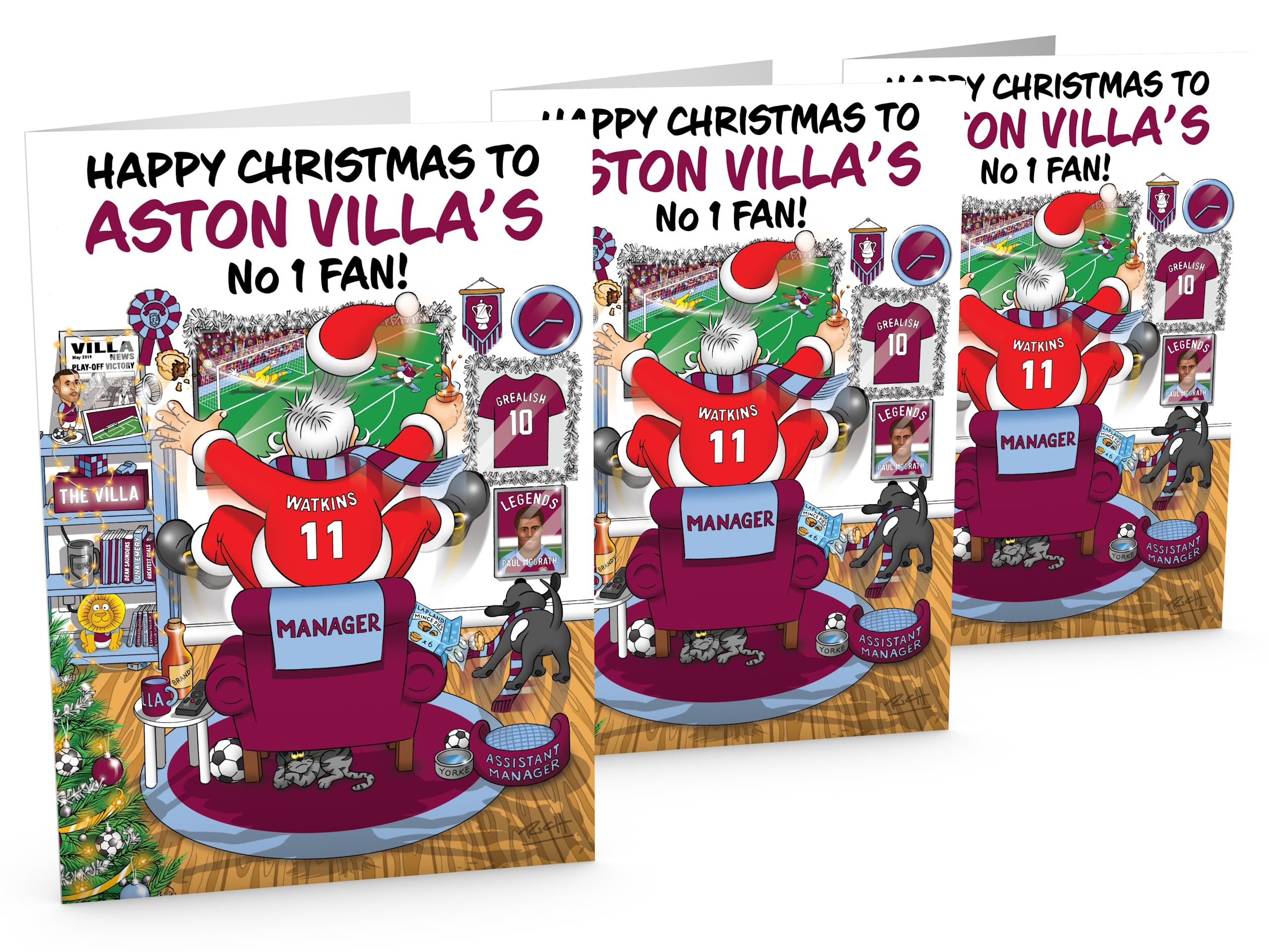 Football Christmas Cards for Aston Villa Fans โ Pack of 3 Cards โ Santa Jumping Out of Chair to Support Team โ Funny Rear of Card Showing Rudolph Supporting Rival Club โ Large A5 โ Made in UK โ image 1