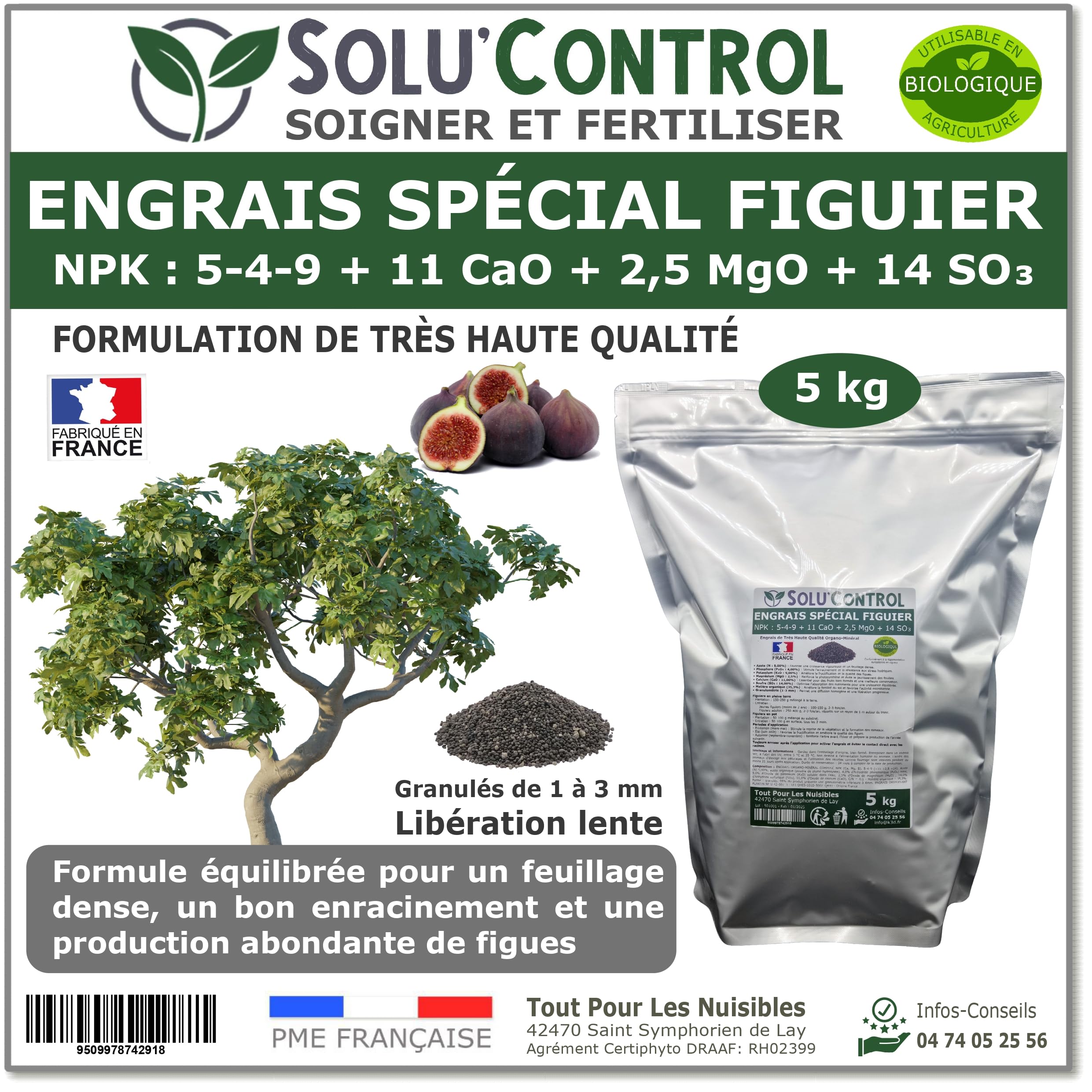 Engrais Spécial Figuier 5 kg - SoluControl - NPK 5-4-9 - Croissance et Fructification - Riche en Calcium et Magnésium - Sachet Zip Refermable - Utilisable en Agriculture Biologique