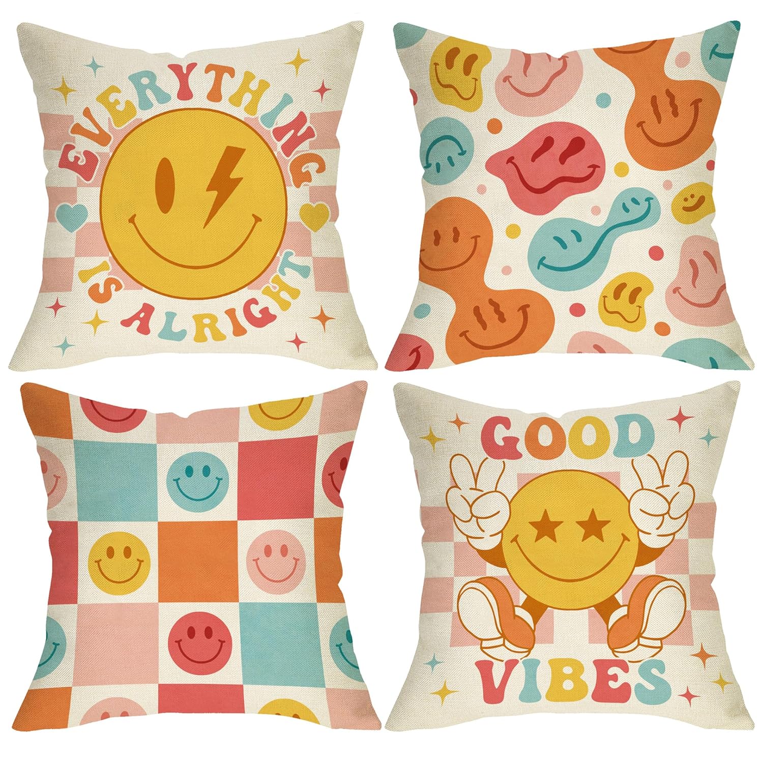 Fjfz Groovy Smiling Face Inspirational Decorative Throw Pillow Covers 16 x 16 Set of 4 Hippie Smile Motivational