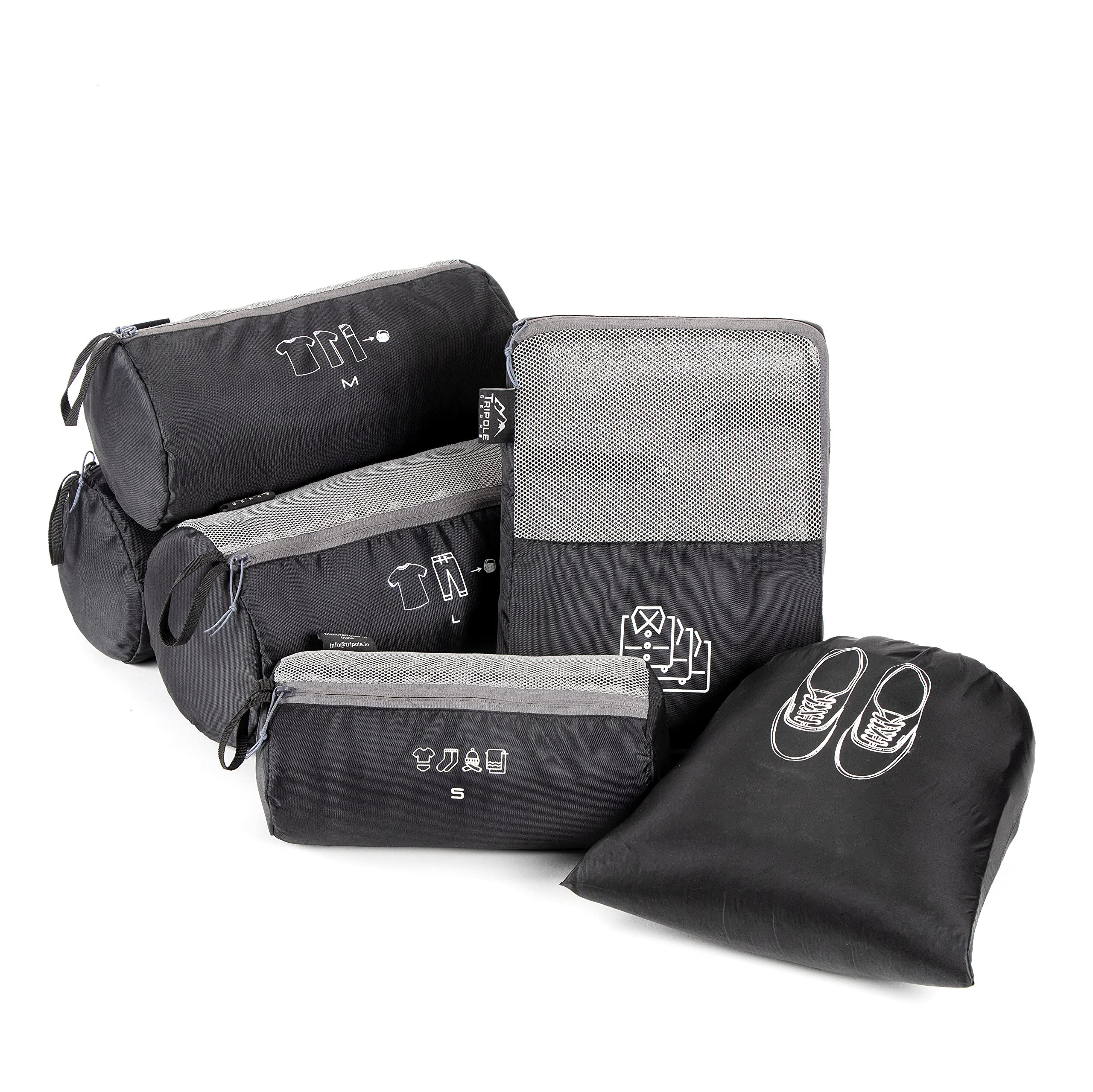 TripolePolyester Organizer Packs - Cylindrical Shaped For Rucksacks - Set of 6 | Shirt Bag | Black