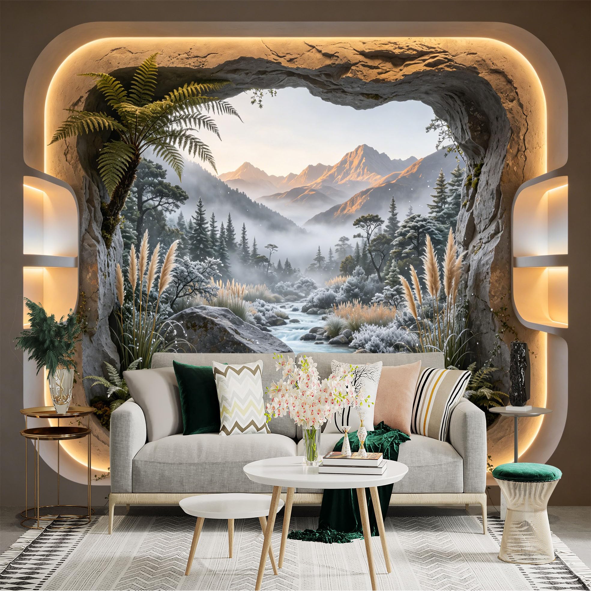 Custom Size Wall Sticker Mural， Mountain Valley with River， Pine Forest and Morning Mist， for wall Decoration， peelandstick wall Decals.