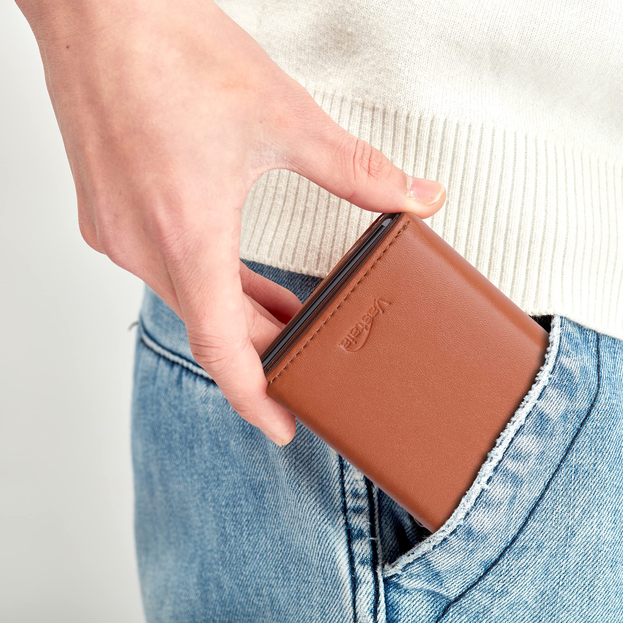 Vastaia Portafoglio da uomo in pelle piccolo con portamonete, Marrone brillante, m, Minimalista