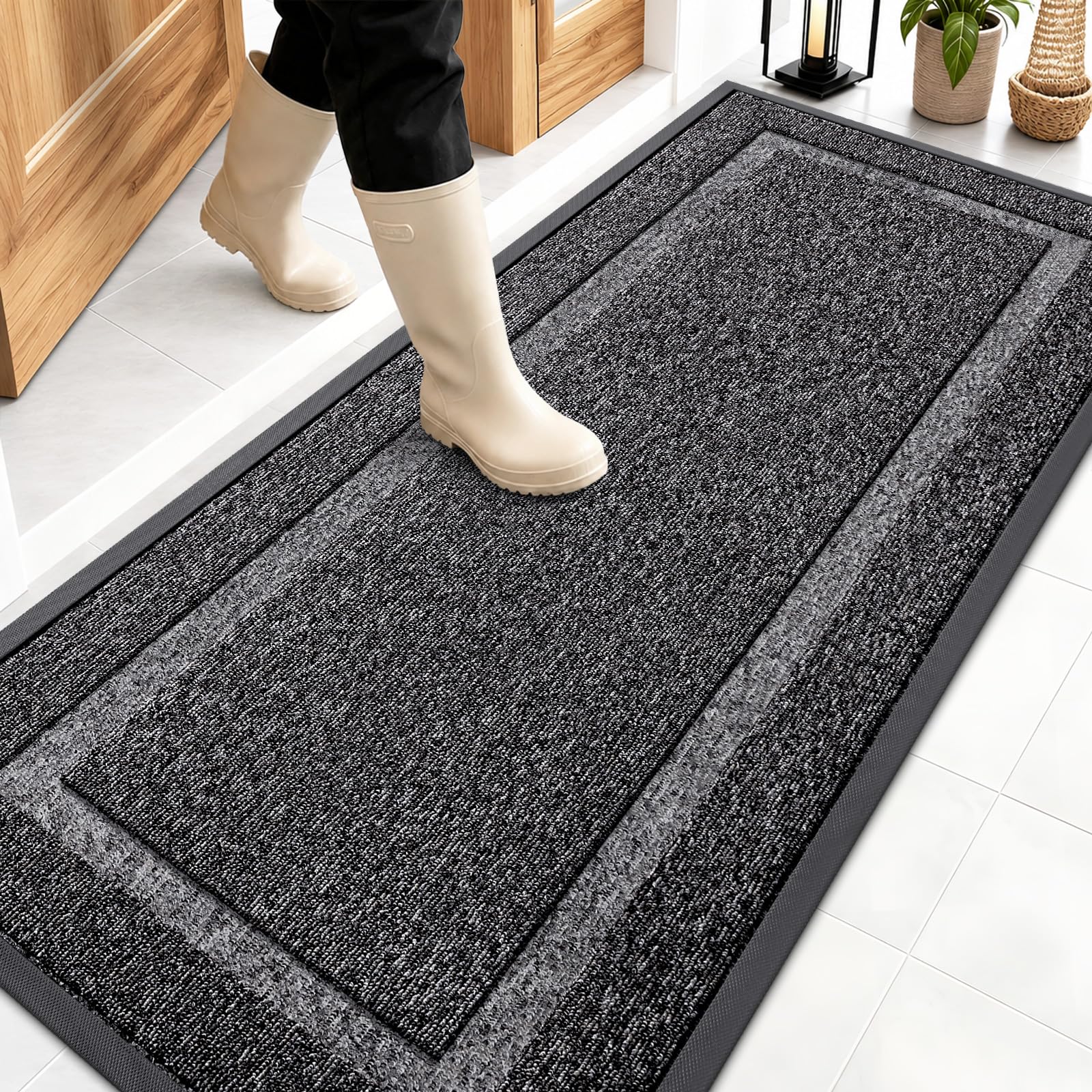 OLANLY Front Door Mat Outside 59x23, All-Season Heavy-Duty Rubber Doormat | Black and White, Absorbent, Stain and Fade Resistant, Non-Slip Backing, Low-Profile Indoor Outdoor Floor Mat for Entryway
