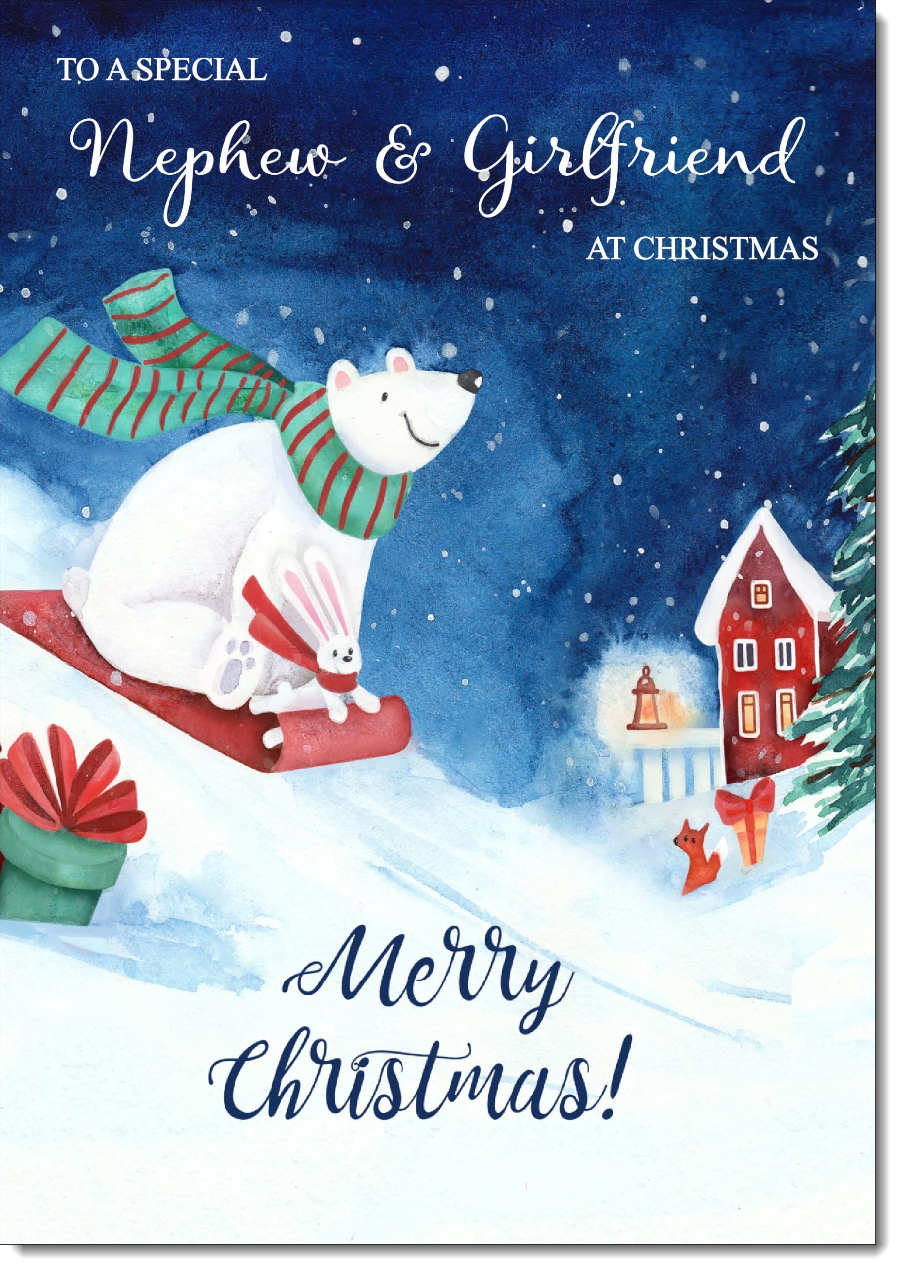 doodlecards Nephew and Girlfriend Christmas Card Bear on Sled Large A4 Size Christmas Card for Nephew & Girlfriend with Plain Envelope — image 1